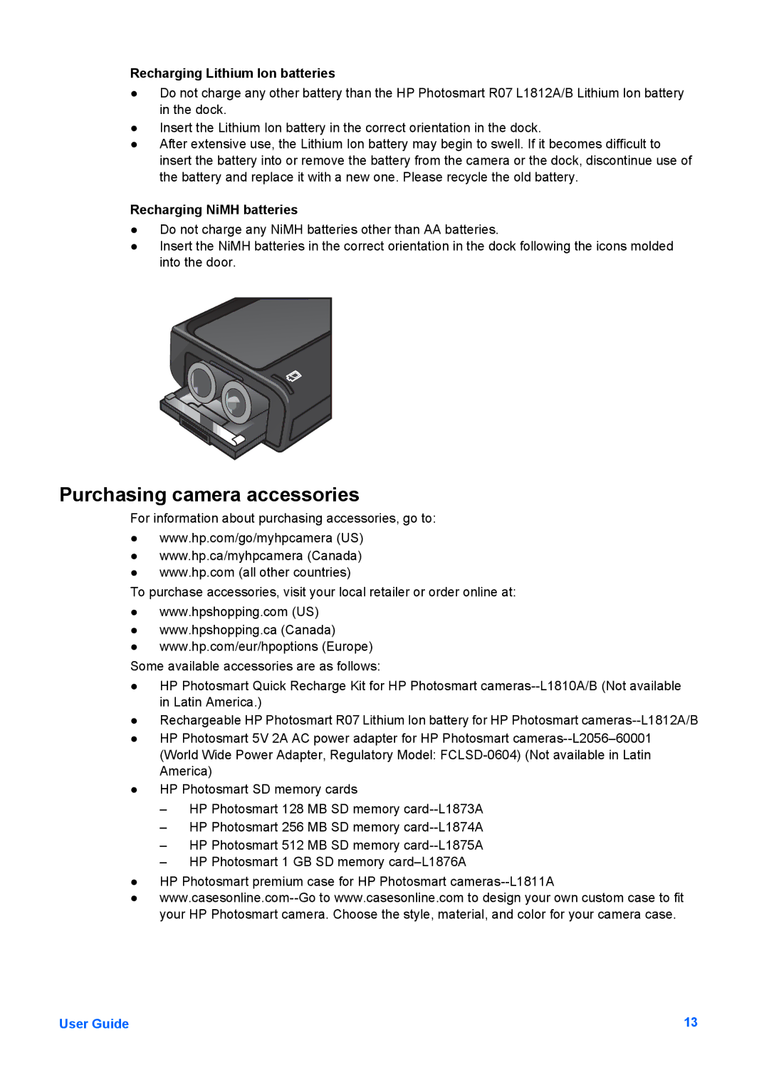 HP 6221 manual Purchasing camera accessories, Recharging Lithium Ion batteries 