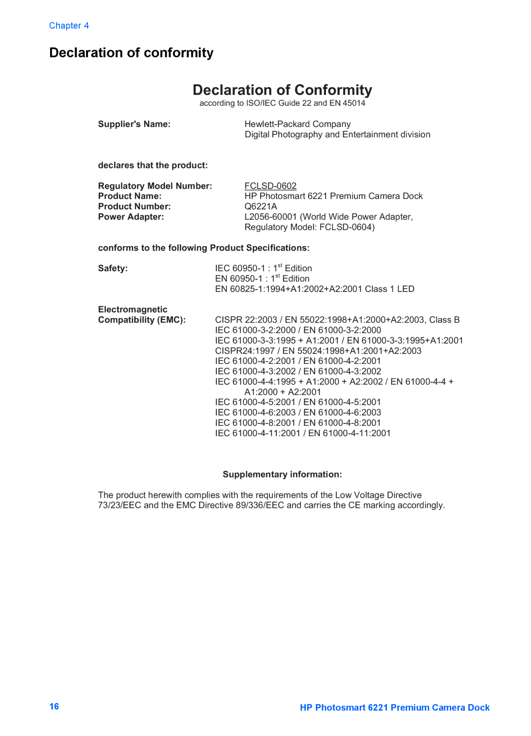 HP 6221 manual Declaration of Conformity, Declaration of conformity 