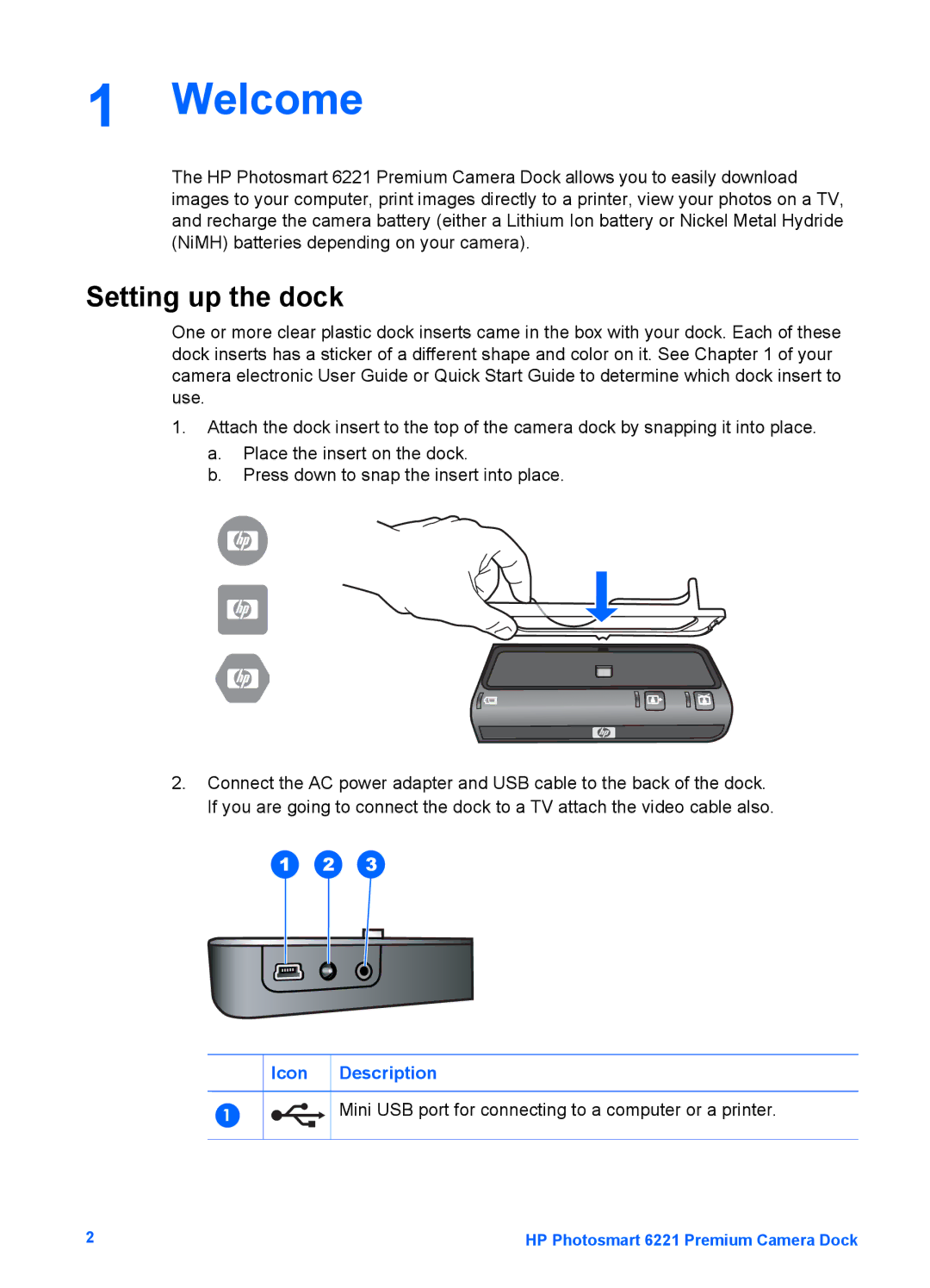 HP 6221 manual Welcome, Setting up the dock, Icon Description 