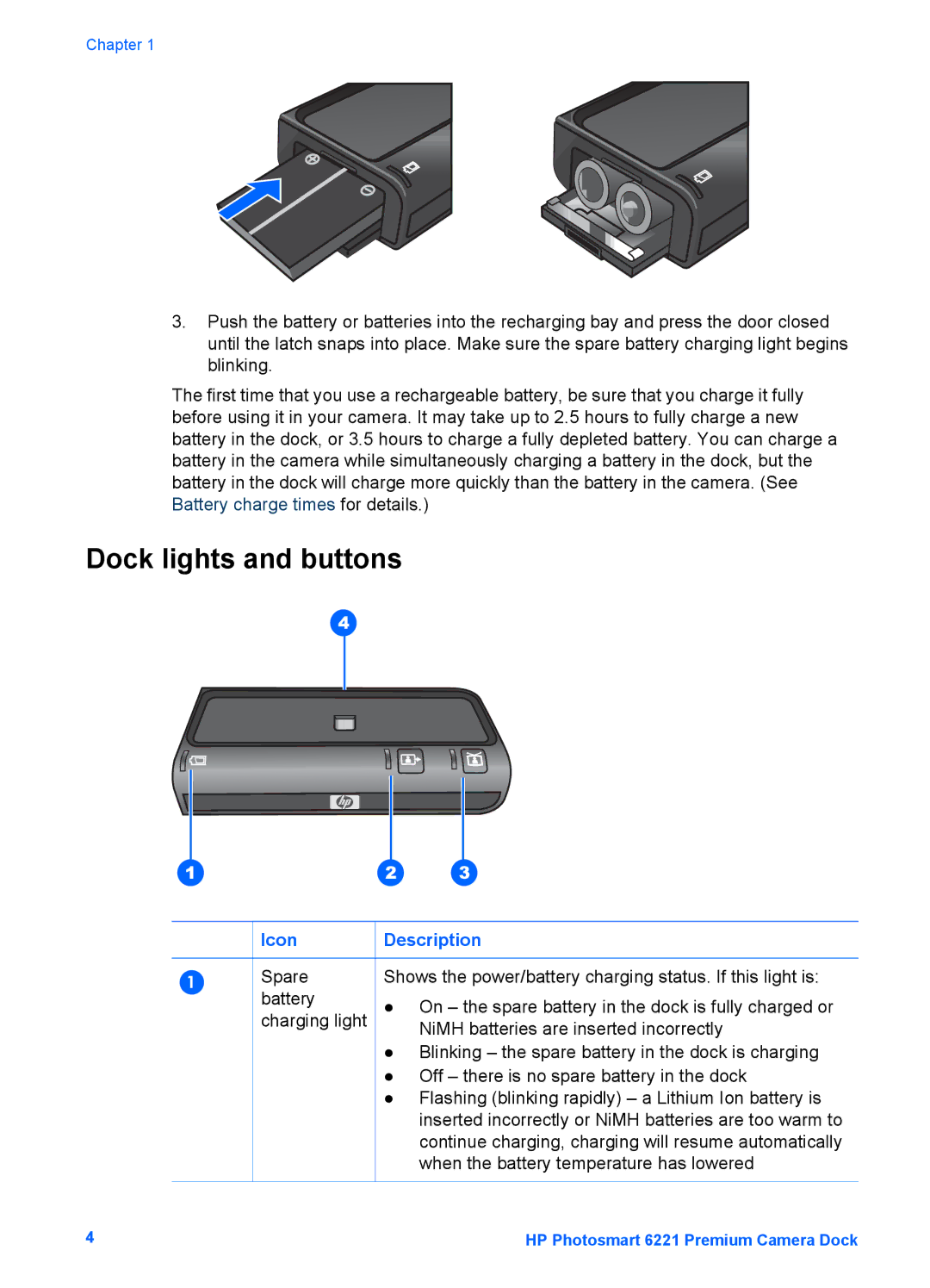 HP 6221 manual Dock lights and buttons, Icon, Description 