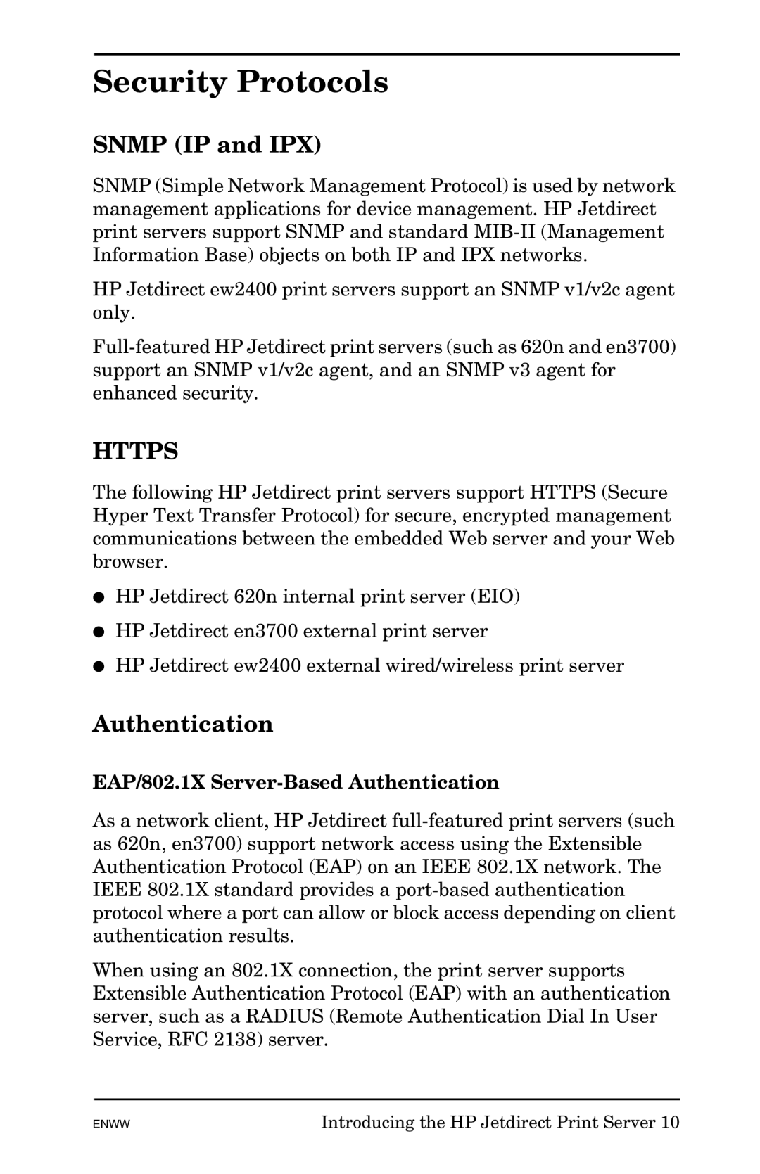 HP 625n Gigabit Ethernet Print Server manual Security Protocols, Snmp IP and IPX, Authentication 