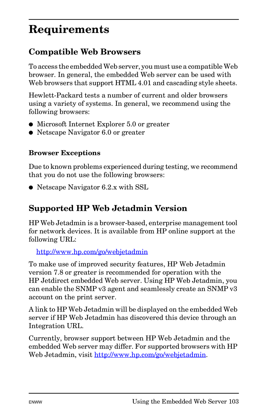 HP 625n Gigabit Ethernet Print Server manual Requirements, Compatible Web Browsers, Supported HP Web Jetadmin Version 