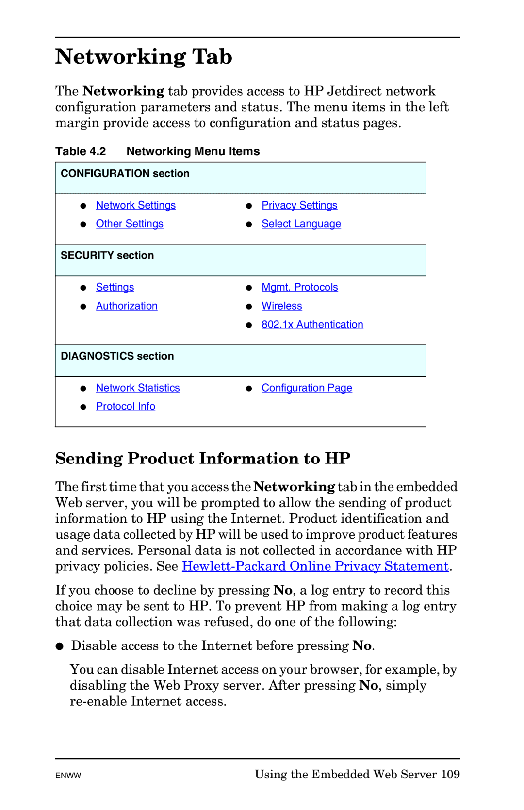 HP 625n Gigabit Ethernet Print Server manual Networking Tab, Sending Product Information to HP, Networking Menu Items 