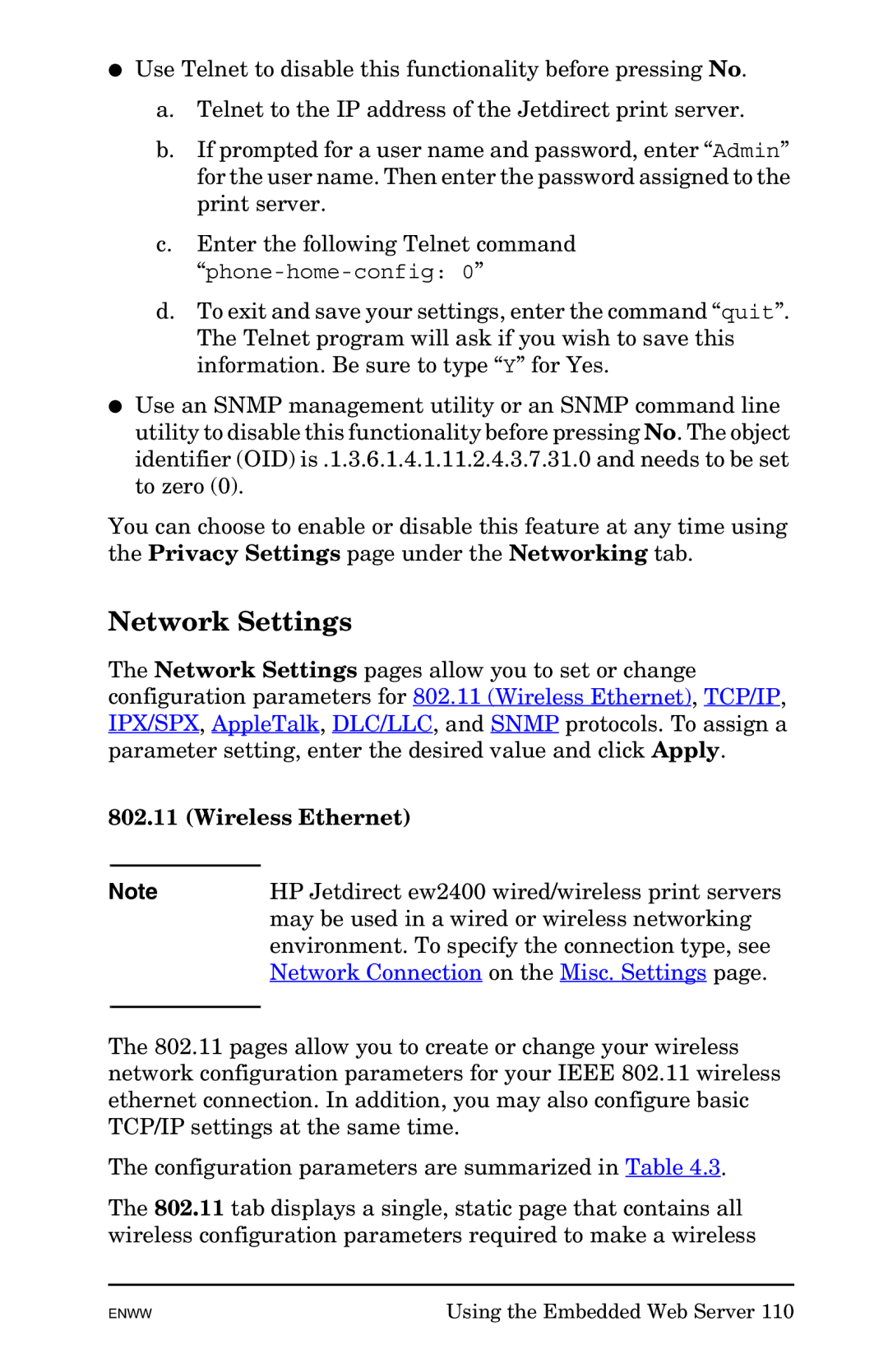 HP 625n Gigabit Ethernet Print Server manual Network Settings, Wireless Ethernet 