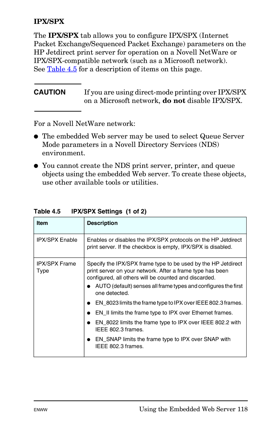 HP 625n Gigabit Ethernet Print Server manual IPX/SPX Settings 1 