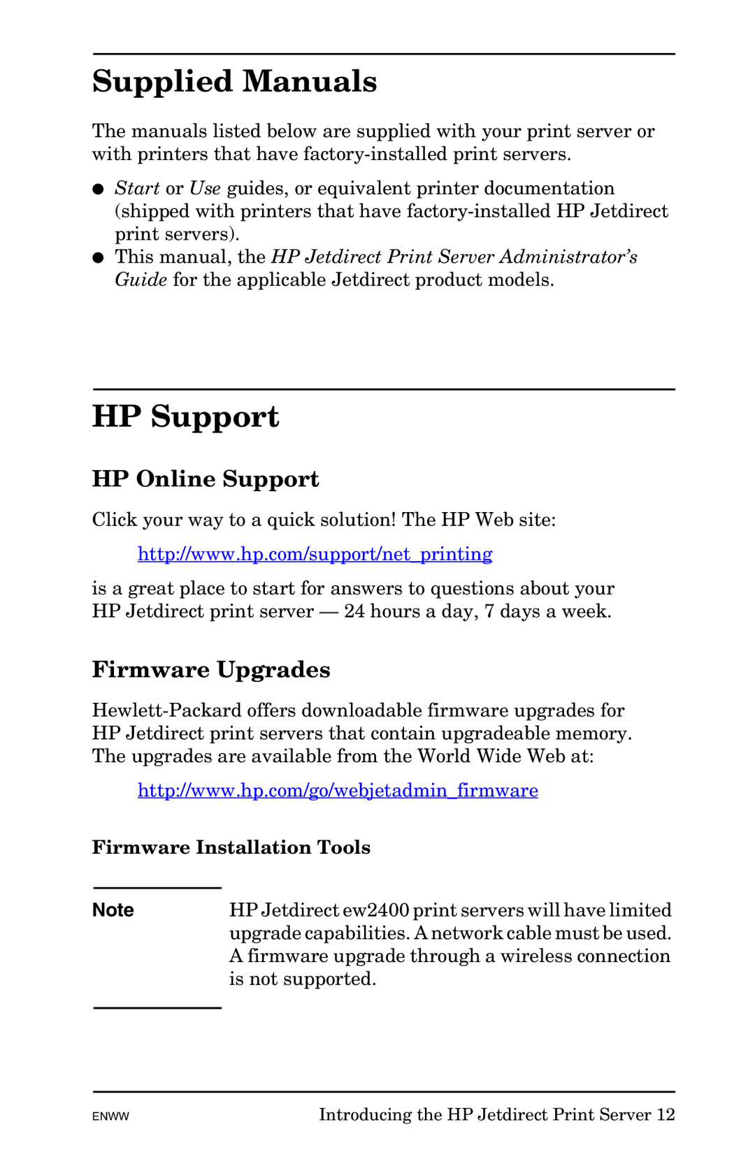 HP 625n Gigabit Ethernet Print Server manual Supplied Manuals, HP Support, HP Online Support, Firmware Upgrades 