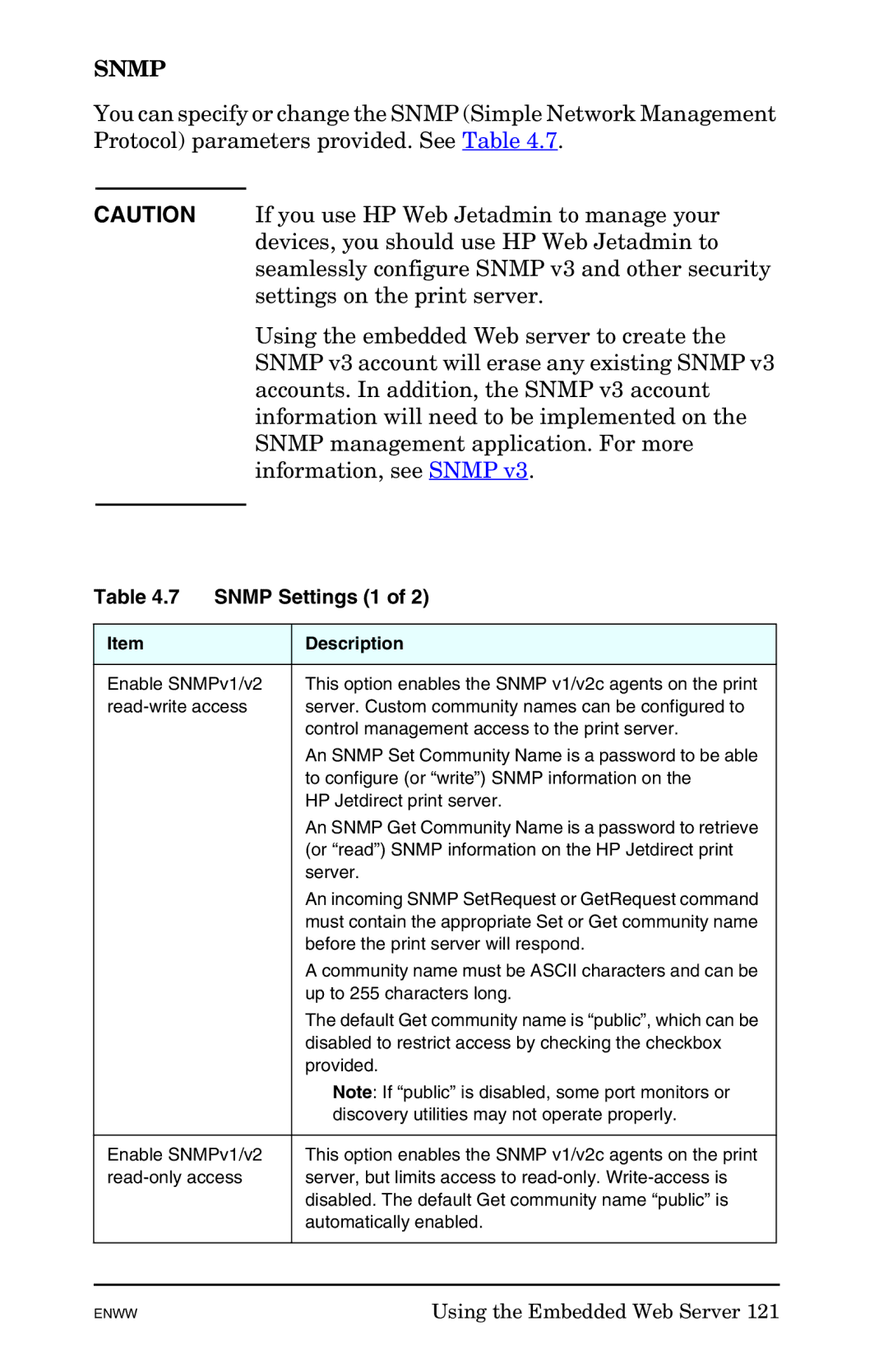 HP 625n Gigabit Ethernet Print Server manual Snmp Settings 1 