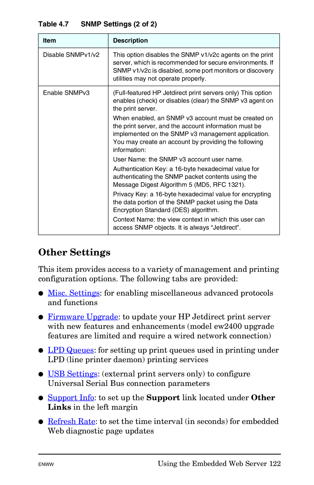 HP 625n Gigabit Ethernet Print Server manual Other Settings, Snmp Settings 2, Utilities may not operate properly 