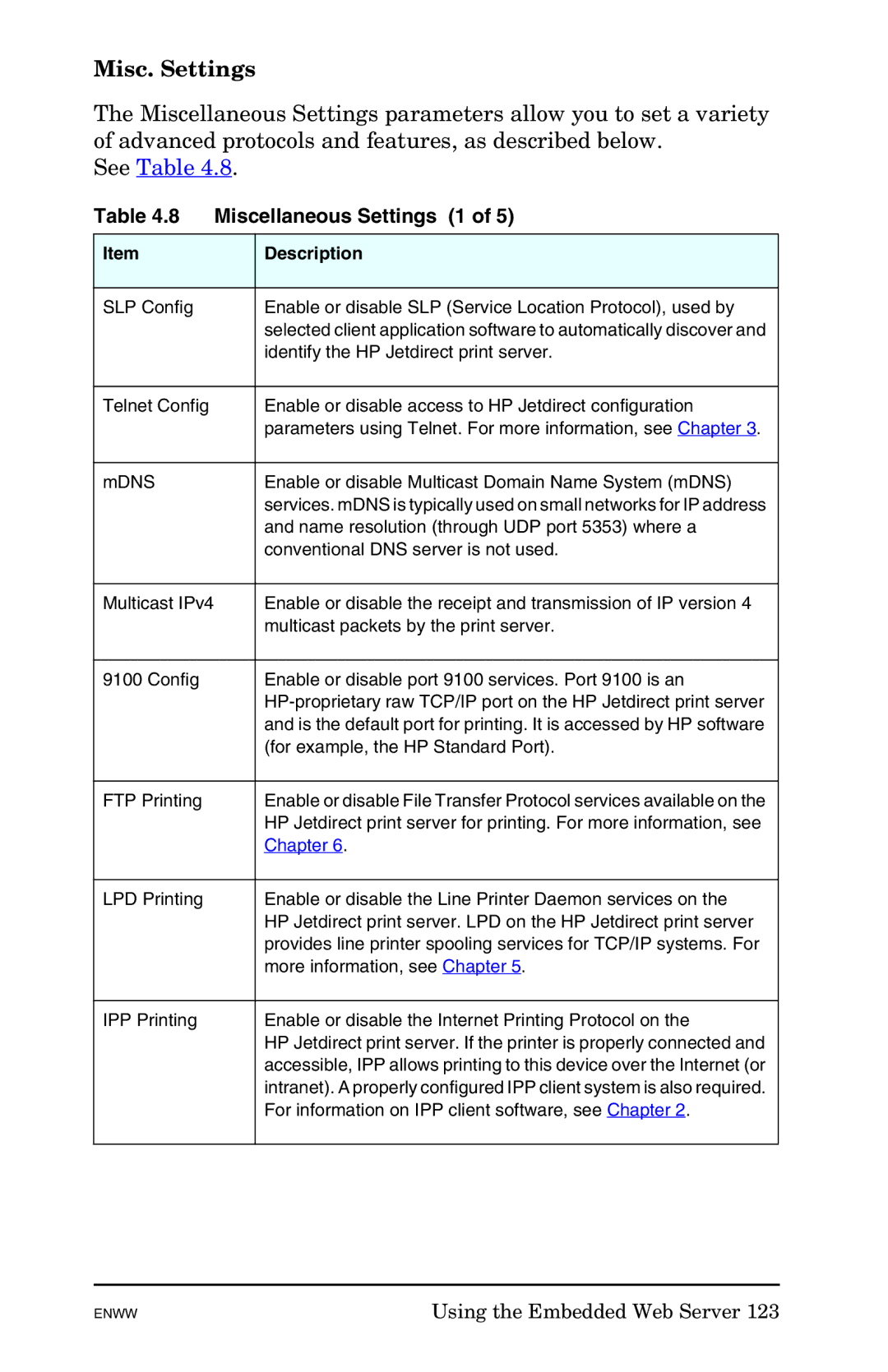 HP 625n Gigabit Ethernet Print Server manual Misc. Settings, Miscellaneous Settings 1 