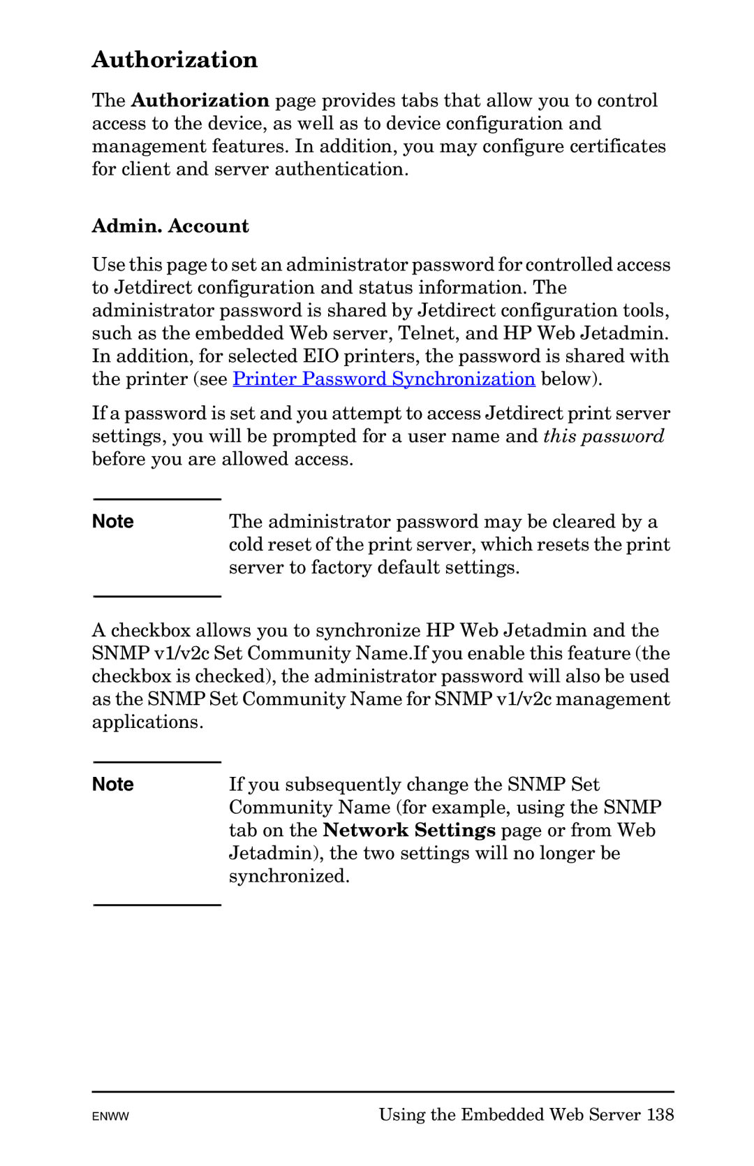 HP 625n Gigabit Ethernet Print Server manual Authorization, Admin. Account 