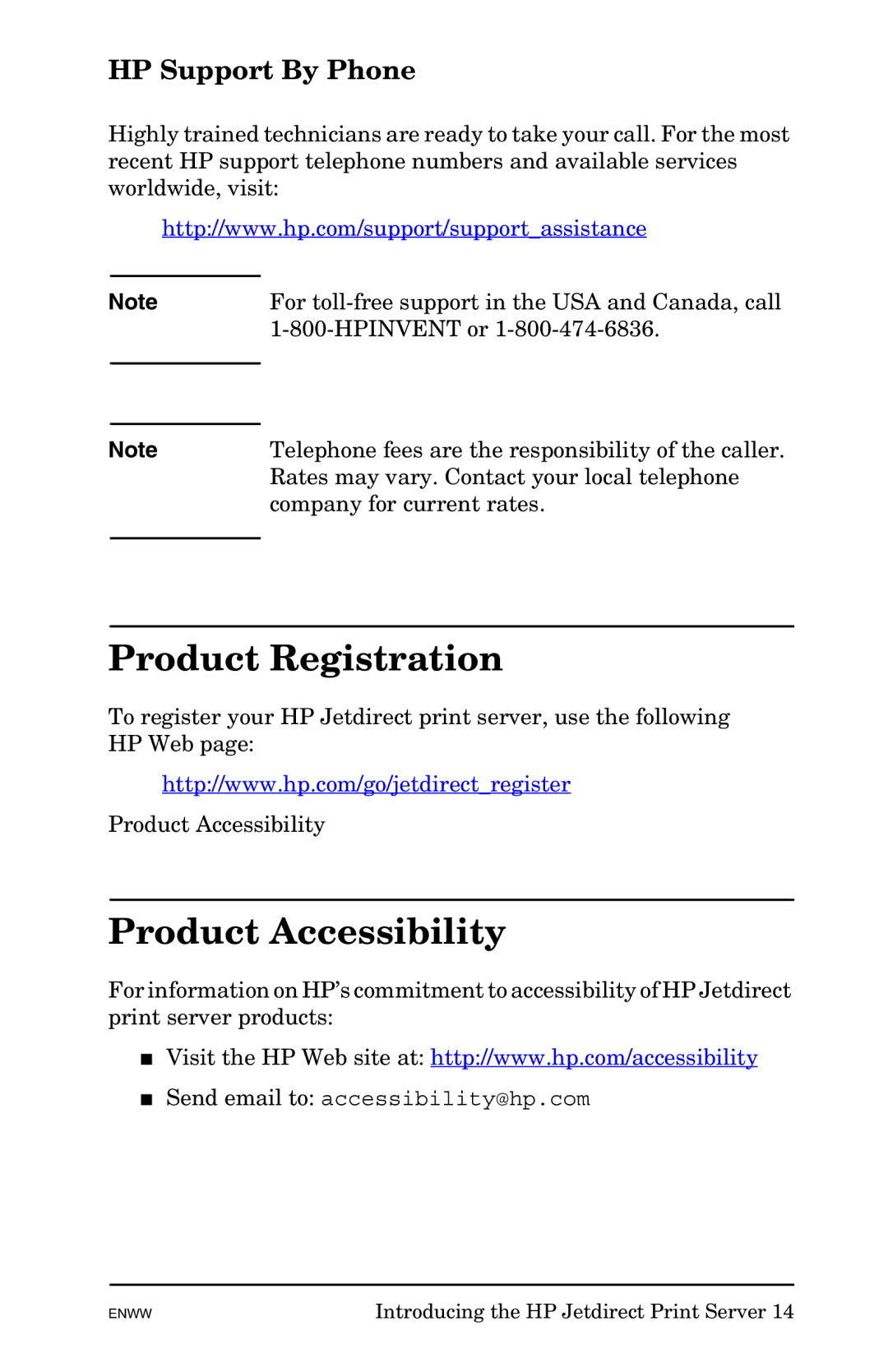 HP 625n Gigabit Ethernet Print Server manual Product Registration, Product Accessibility, HP Support By Phone 