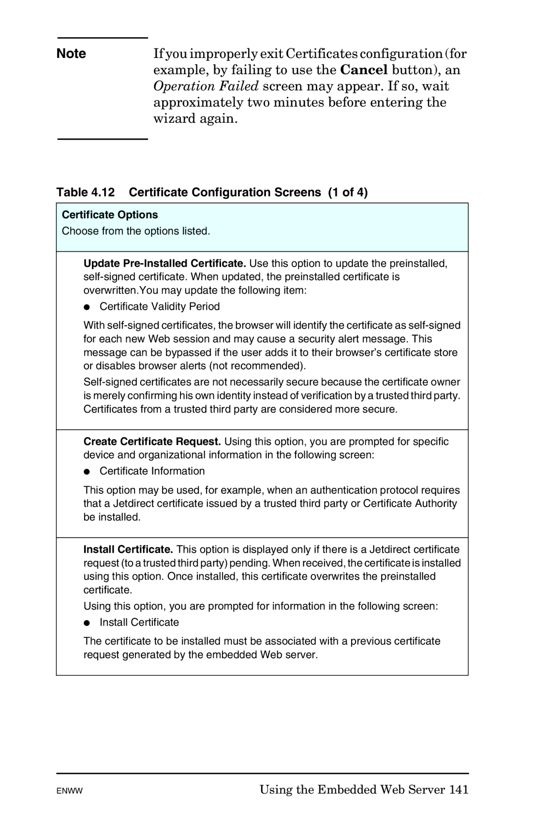 HP 625n Gigabit Ethernet Print Server manual Certificate Configuration Screens 1, Certificate Options 