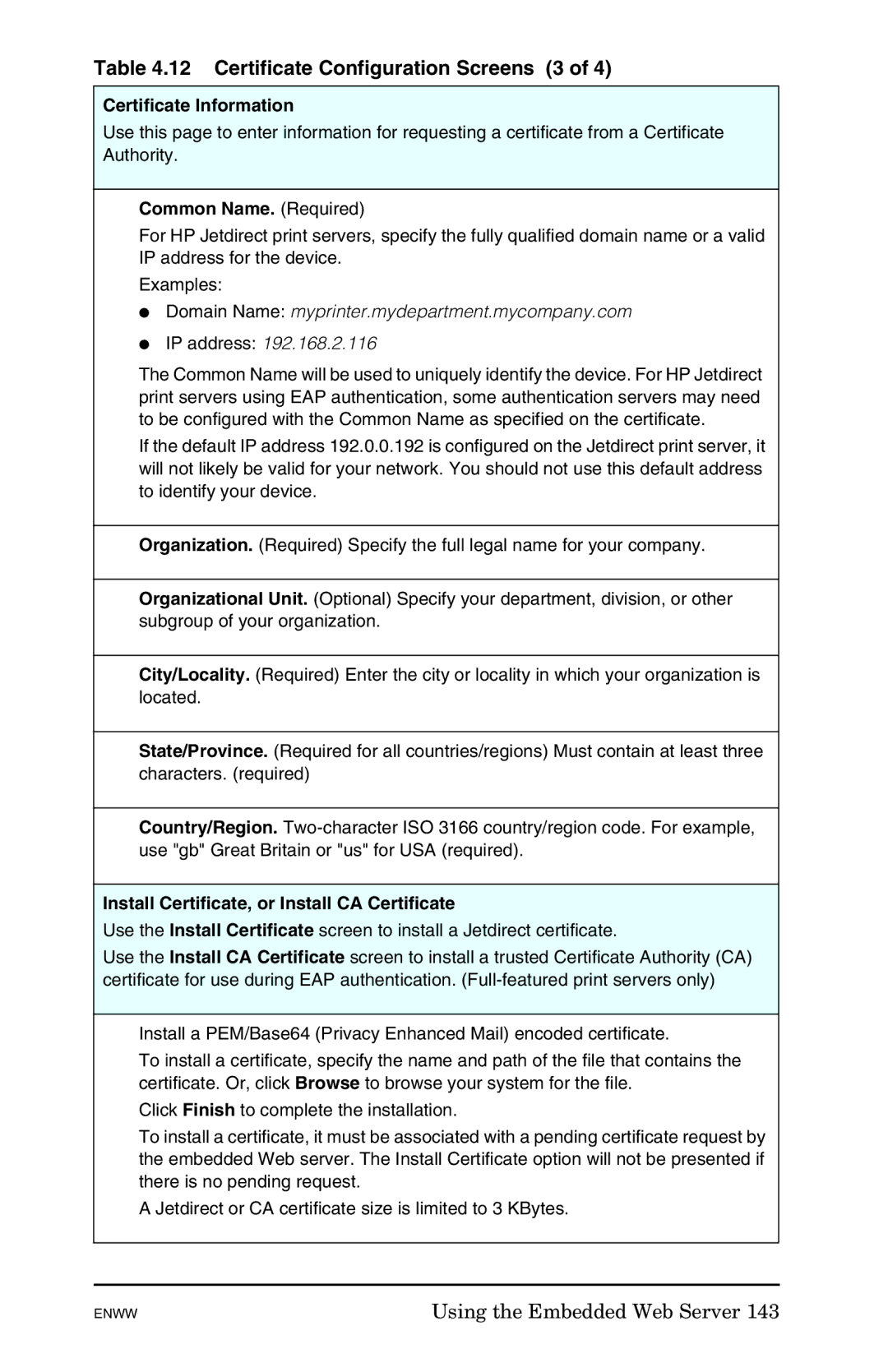 HP 625n Gigabit Ethernet Print Server Certificate Configuration Screens 3, Certificate Information, Common Name. Required 