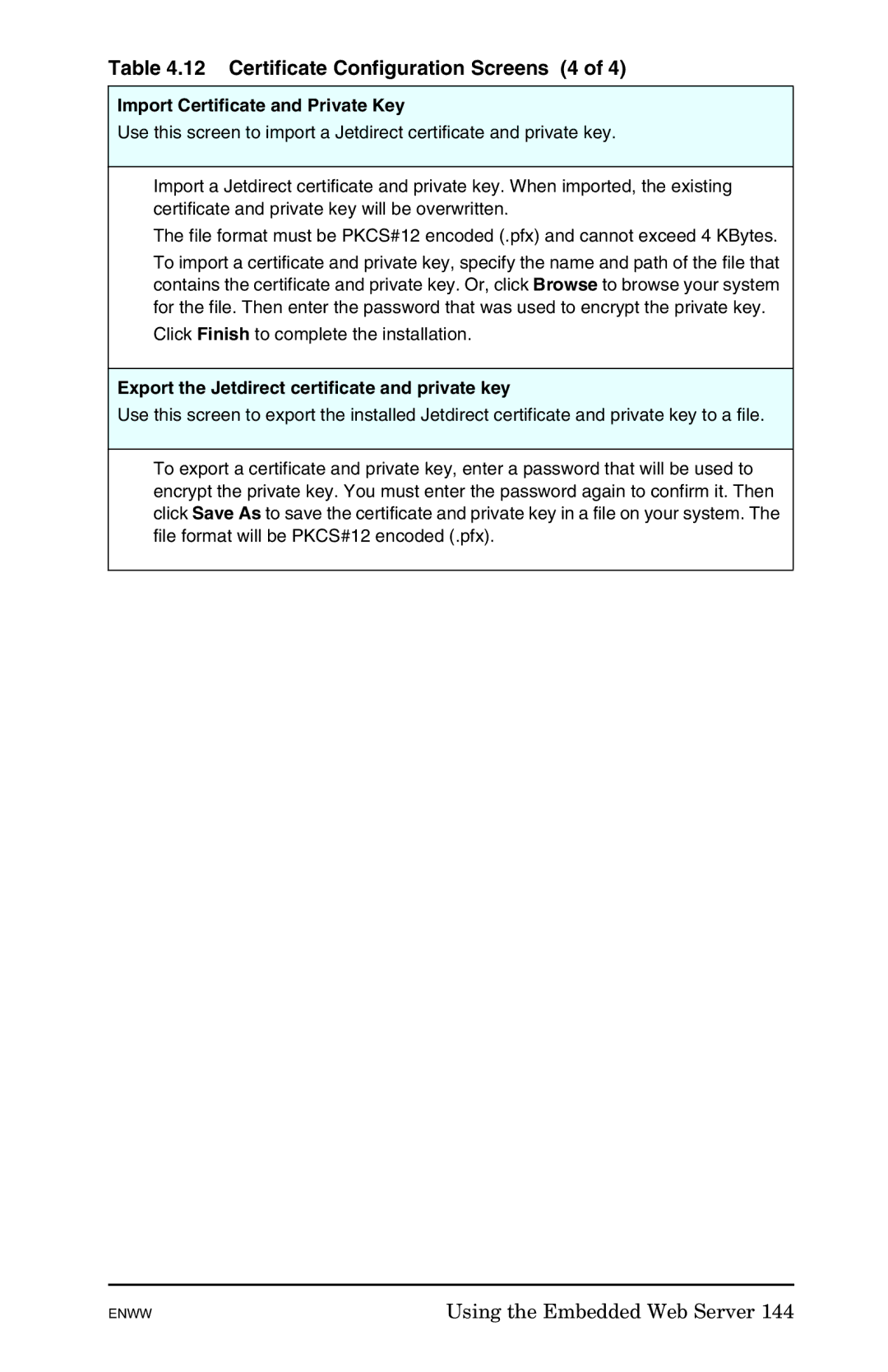 HP 625n Gigabit Ethernet Print Server manual Certificate Configuration Screens 4, Import Certificate and Private Key 