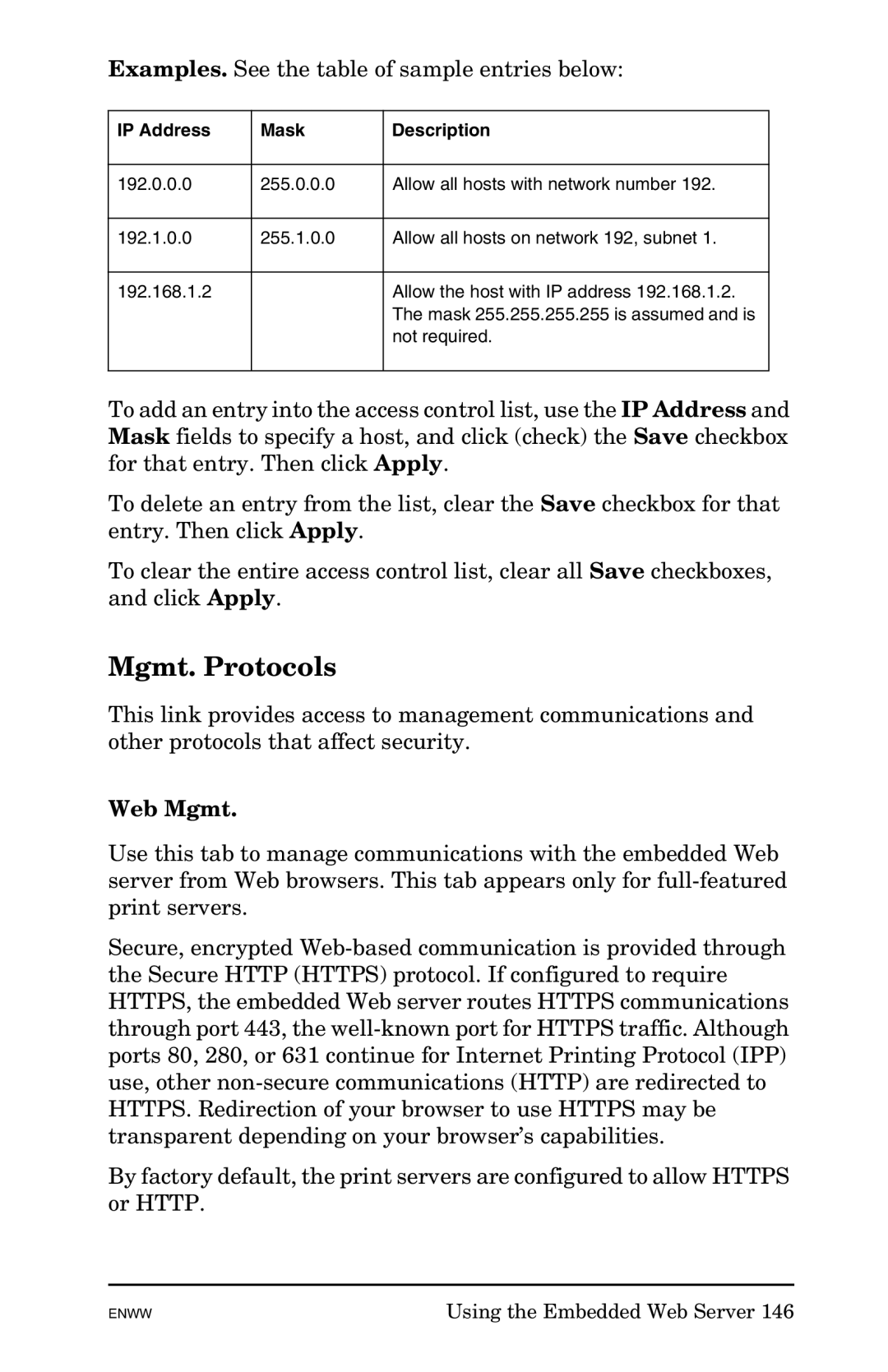 HP 625n Gigabit Ethernet Print Server manual Mgmt. Protocols, Web Mgmt, IP Address Mask Description 