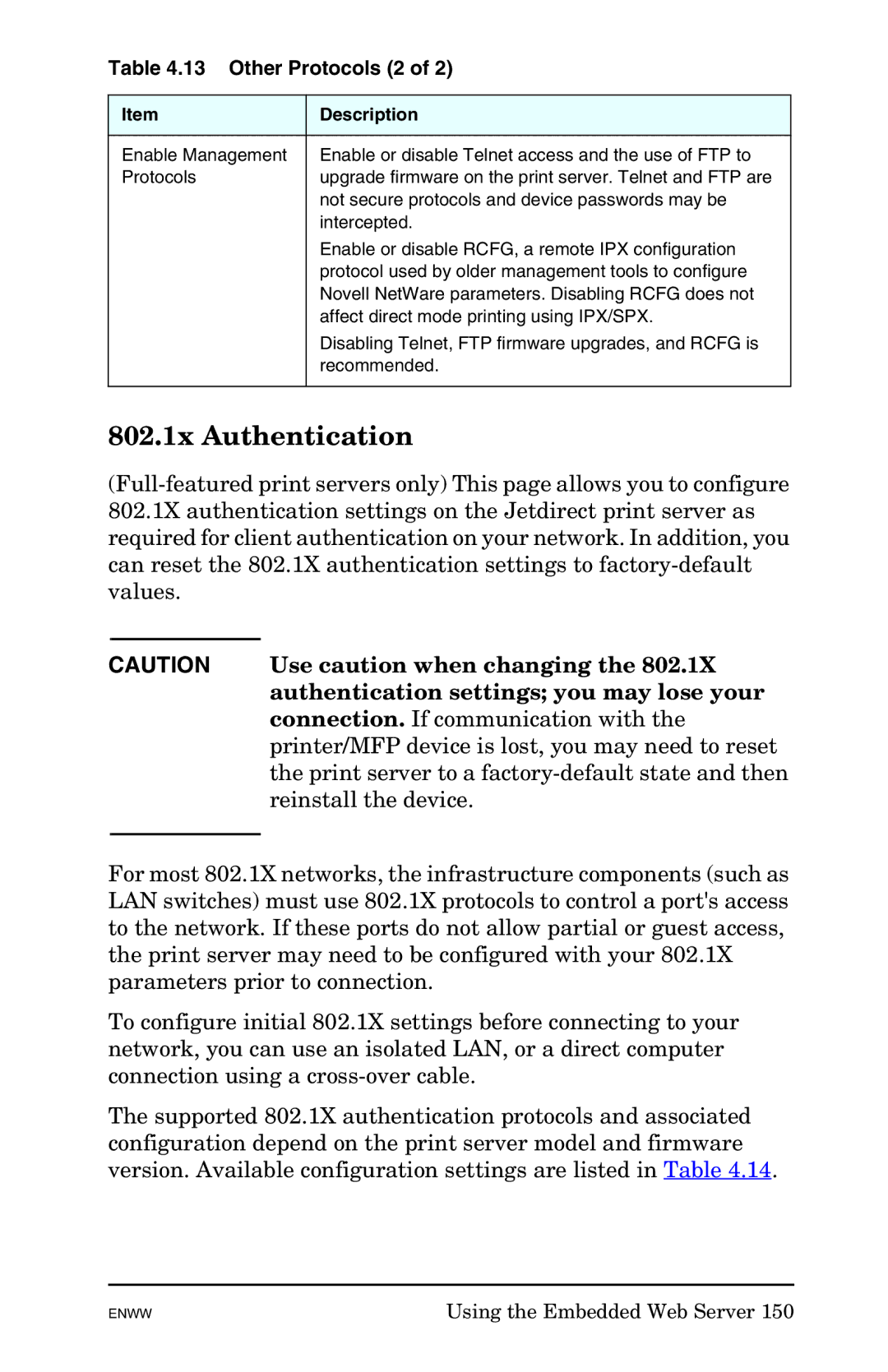 HP 625n Gigabit Ethernet Print Server manual 802.1x Authentication, Other Protocols 2 