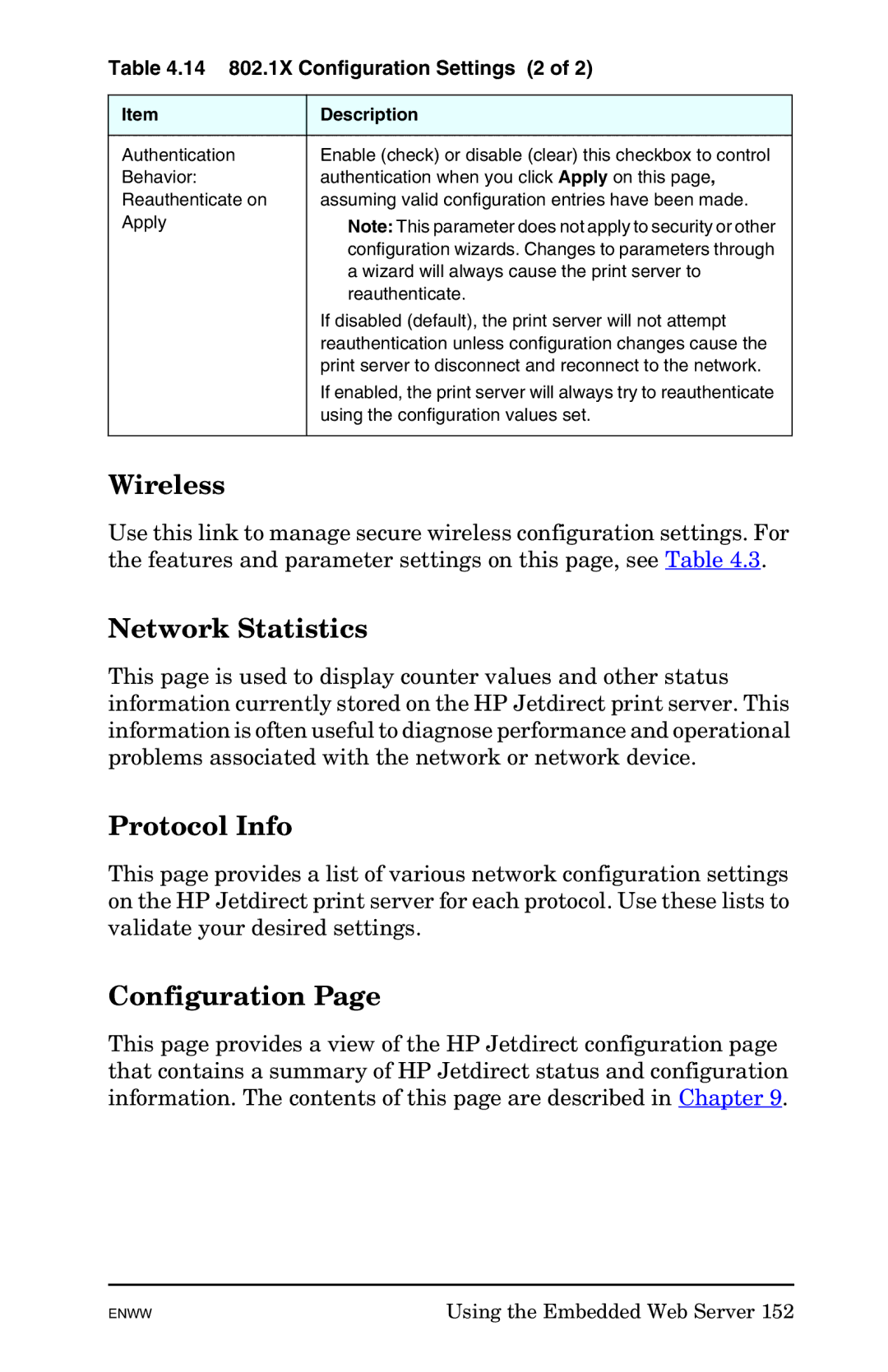 HP 625n Gigabit Ethernet Print Server manual Wireless, Network Statistics, Protocol Info, Configuration 