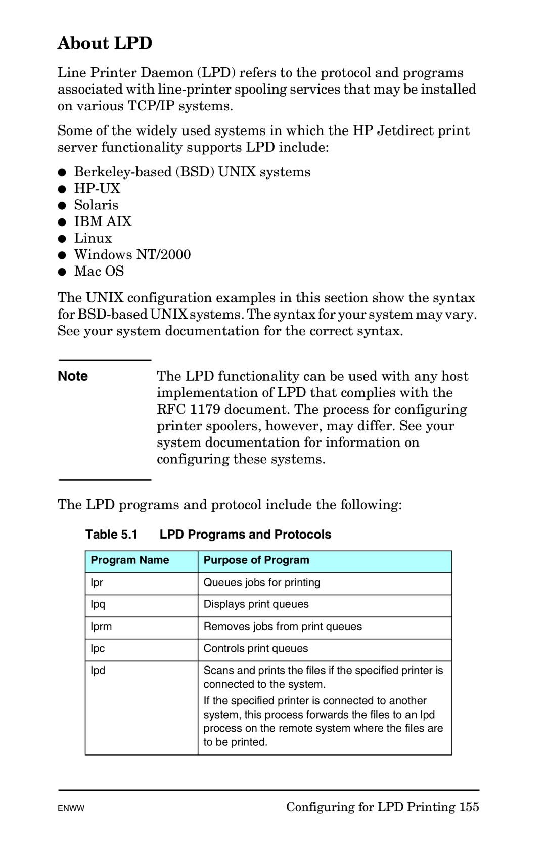 HP 625n Gigabit Ethernet Print Server manual About LPD, LPD Programs and Protocols, Program Name Purpose of Program 