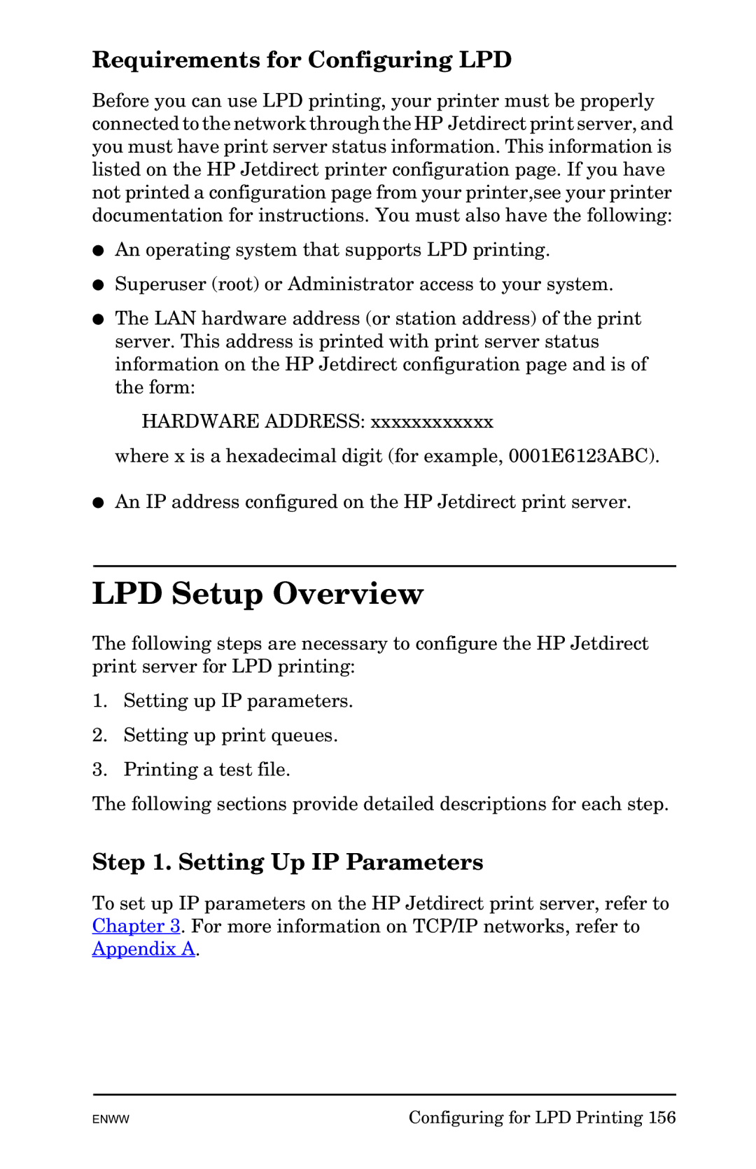 HP 625n Gigabit Ethernet Print Server manual LPD Setup Overview, Requirements for Configuring LPD, Setting Up IP Parameters 