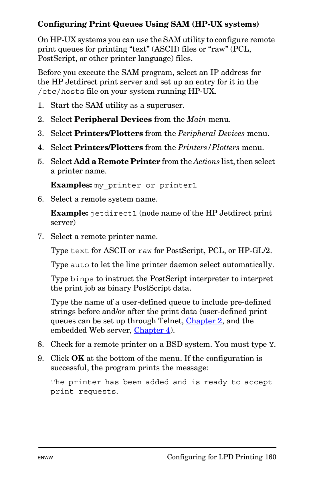 HP 625n Gigabit Ethernet Print Server manual Configuring Print Queues Using SAM HP-UX systems 