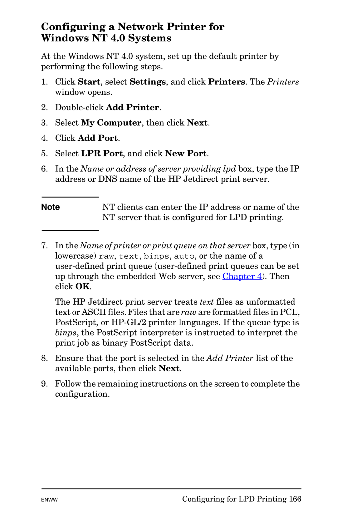 HP 625n Gigabit Ethernet Print Server manual Configuring a Network Printer for Windows NT 4.0 Systems, Click Add Port 