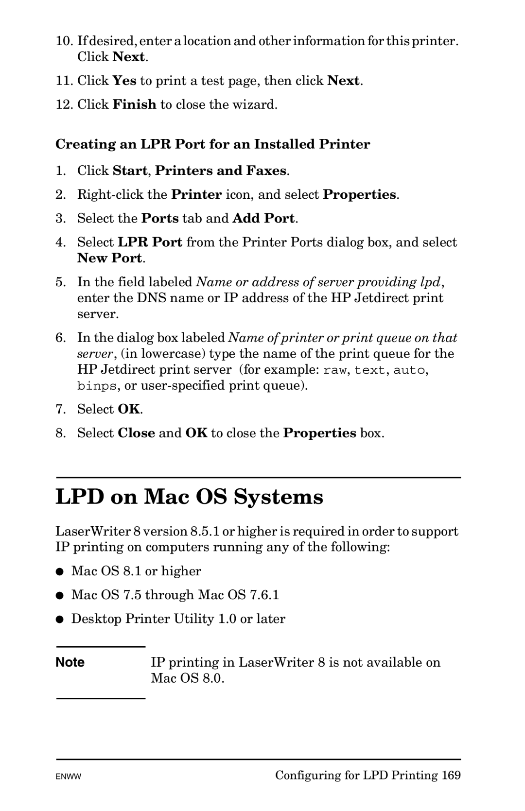 HP 625n Gigabit Ethernet Print Server manual LPD on Mac OS Systems 