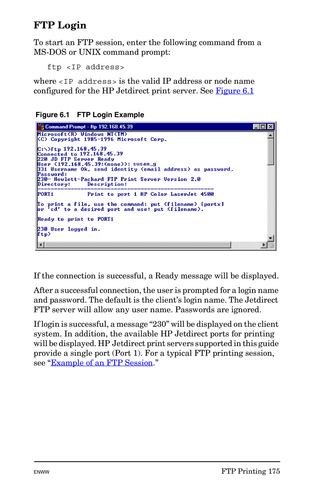 HP 625n Gigabit Ethernet Print Server manual FTP Login Example 