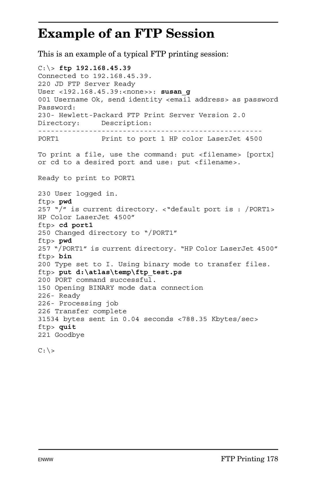 HP 625n Gigabit Ethernet Print Server Example of an FTP Session, This is an example of a typical FTP printing session 