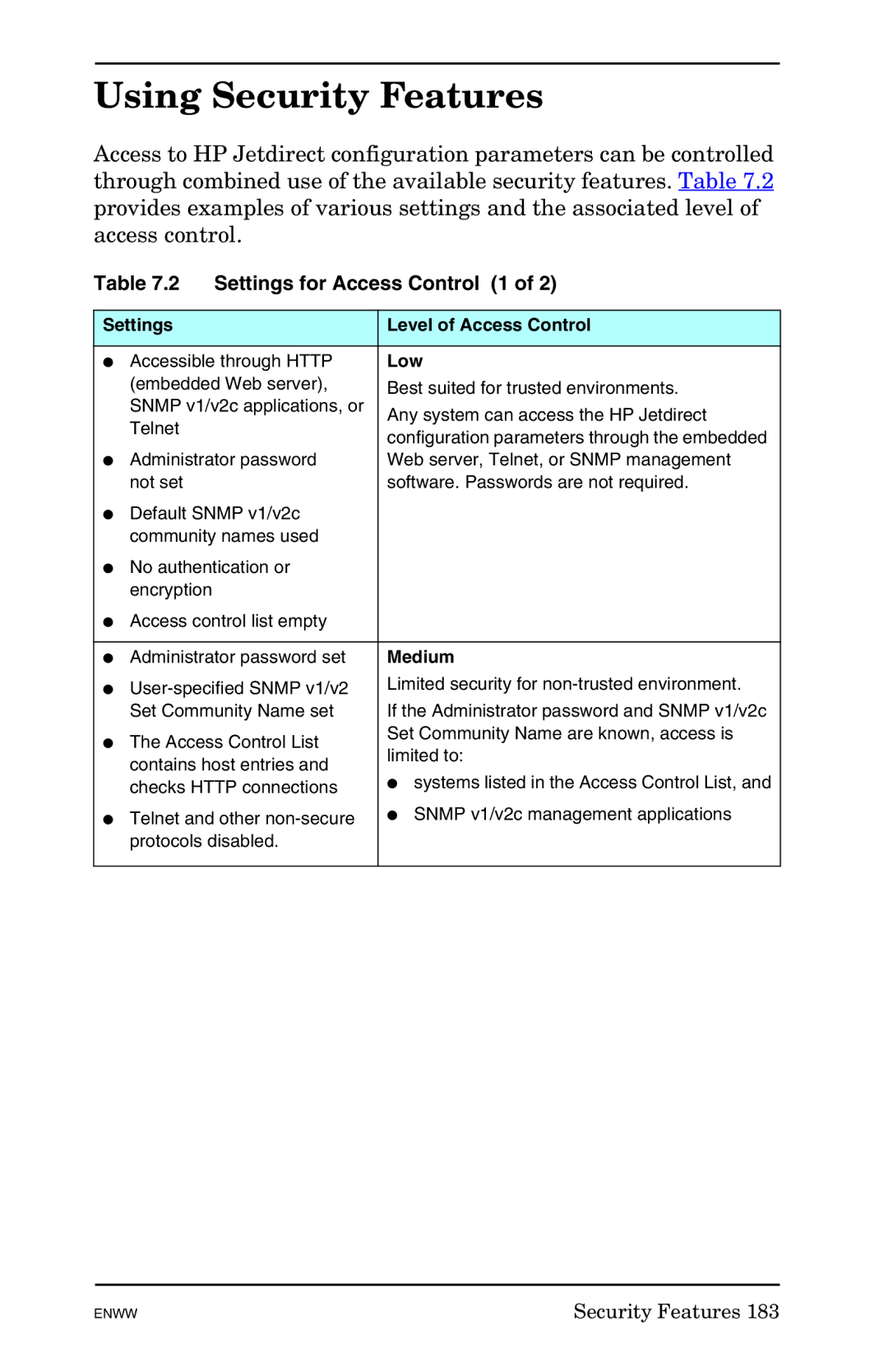 HP 625n Gigabit Ethernet Print Server manual Using Security Features, Settings for Access Control 1, Low, Medium 