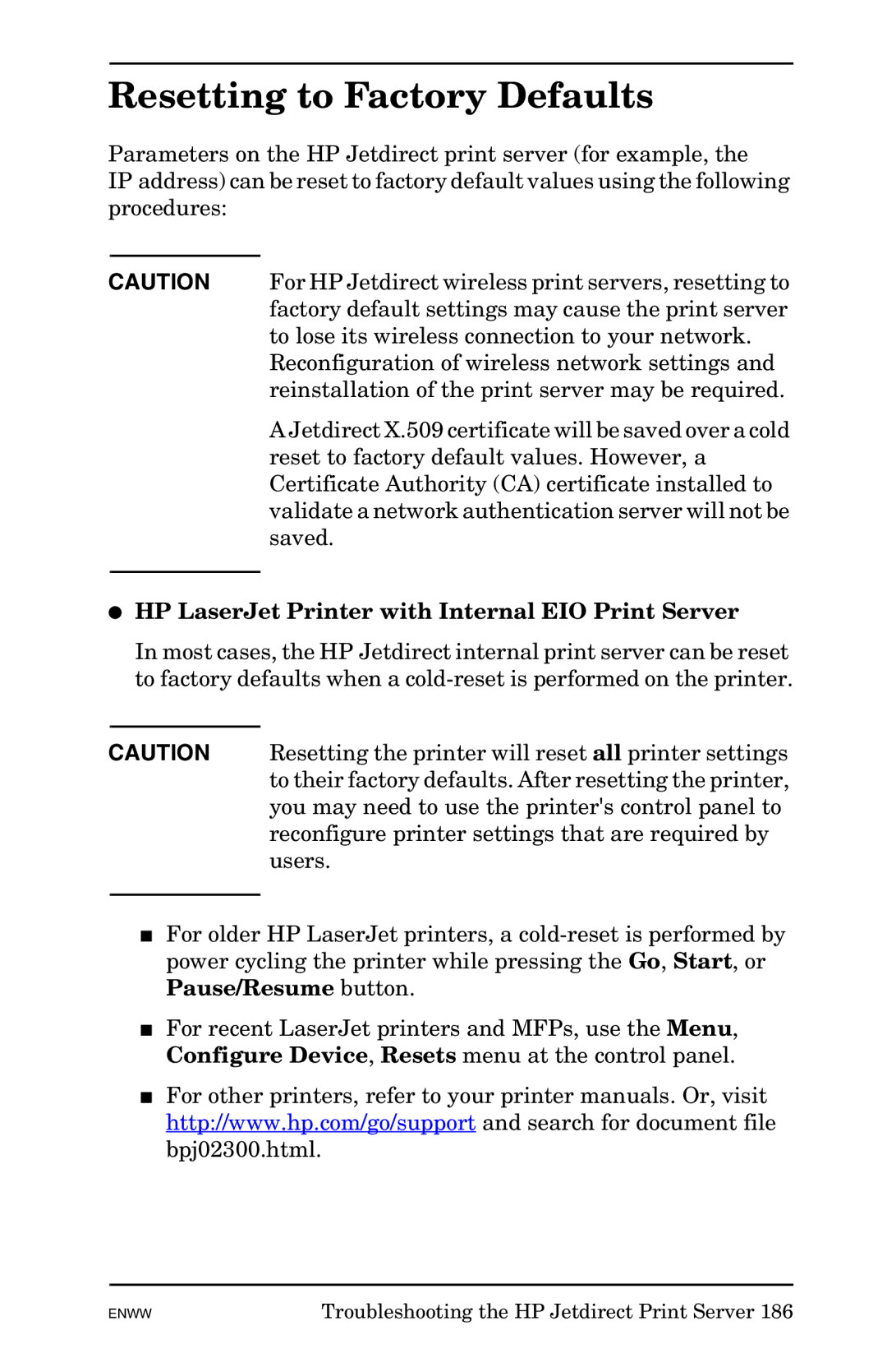 HP 625n Gigabit Ethernet Print Server Resetting to Factory Defaults, HP LaserJet Printer with Internal EIO Print Server 