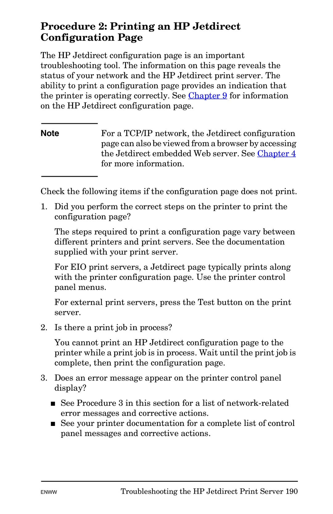 HP 625n Gigabit Ethernet Print Server manual Procedure 2 Printing an HP Jetdirect Configuration 