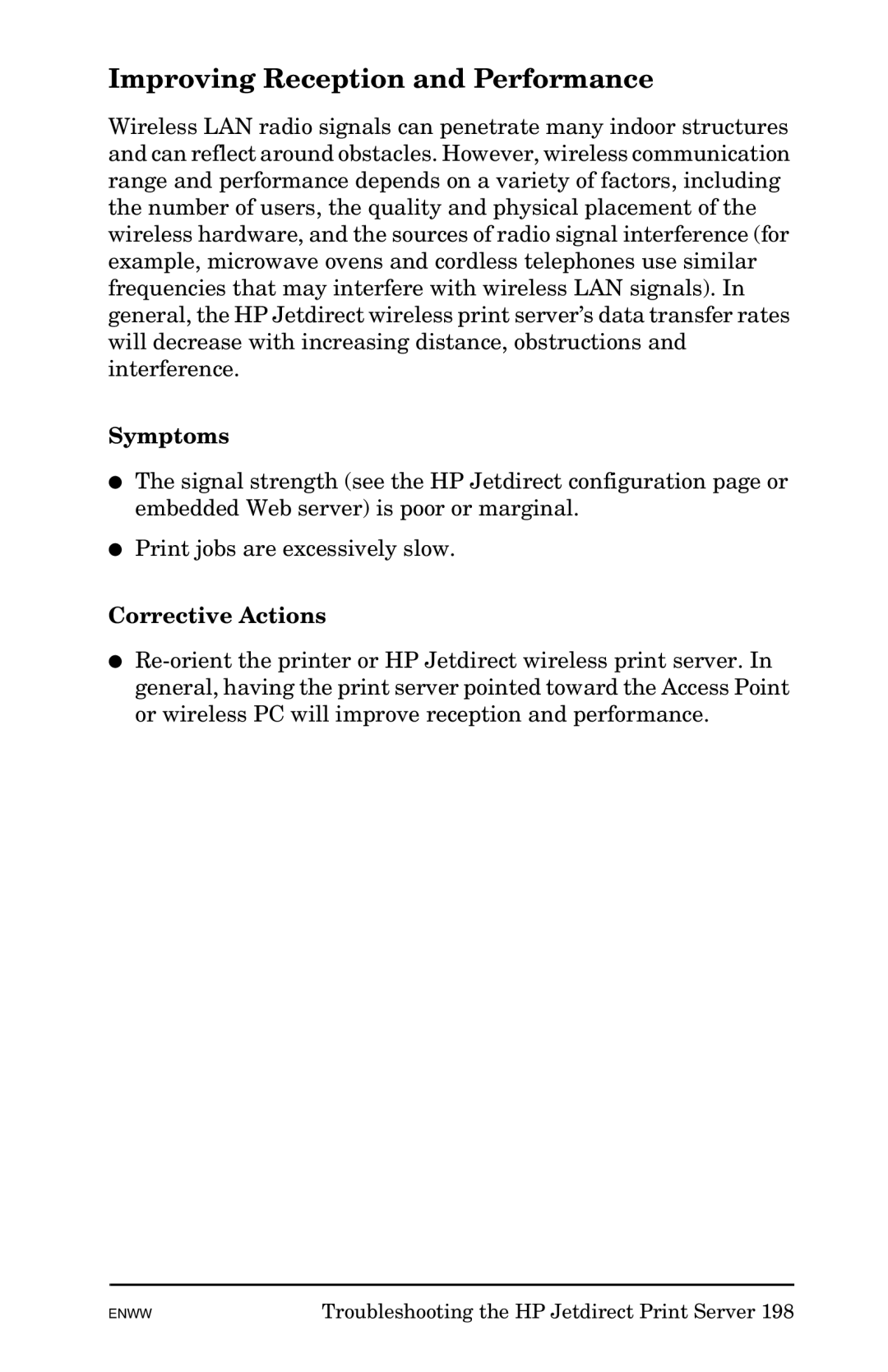 HP 625n Gigabit Ethernet Print Server manual Improving Reception and Performance, Symptoms, Corrective Actions 