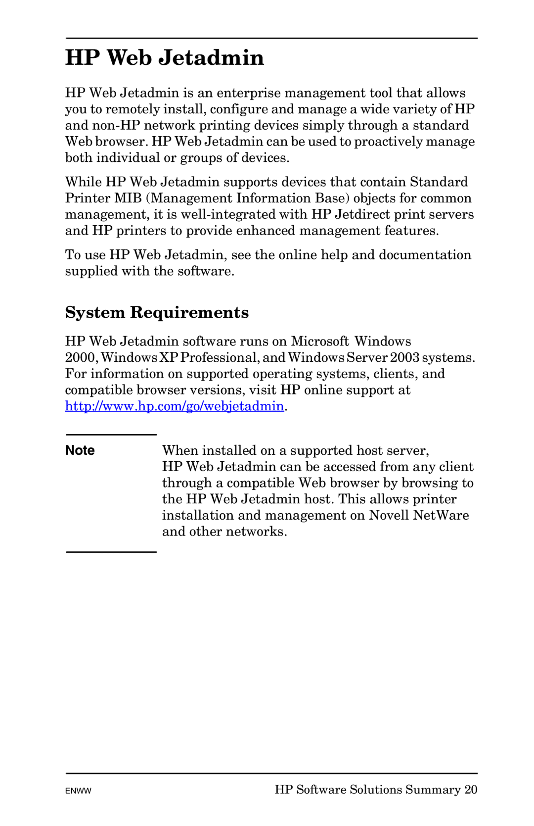 HP 625n Gigabit Ethernet Print Server manual HP Web Jetadmin, System Requirements 