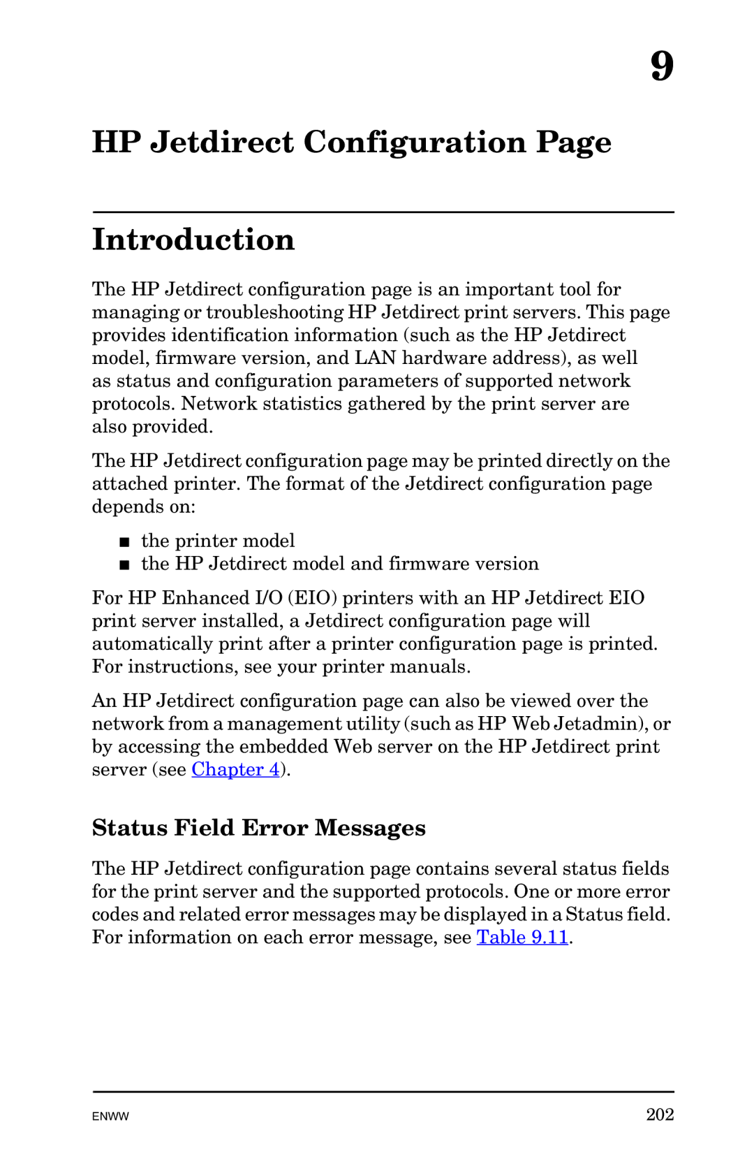 HP 625n Gigabit Ethernet Print Server manual HP Jetdirect Configuration Introduction, Status Field Error Messages 