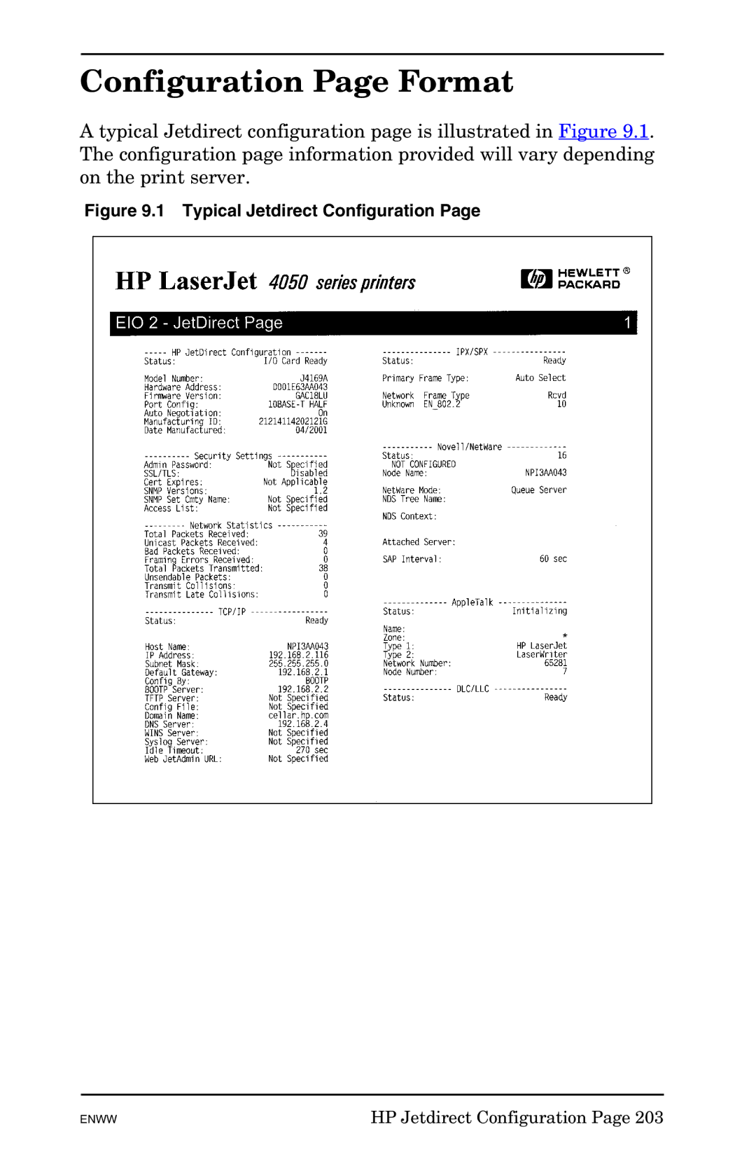 HP 625n Gigabit Ethernet Print Server manual Configuration Page Format, Typical Jetdirect Configuration 