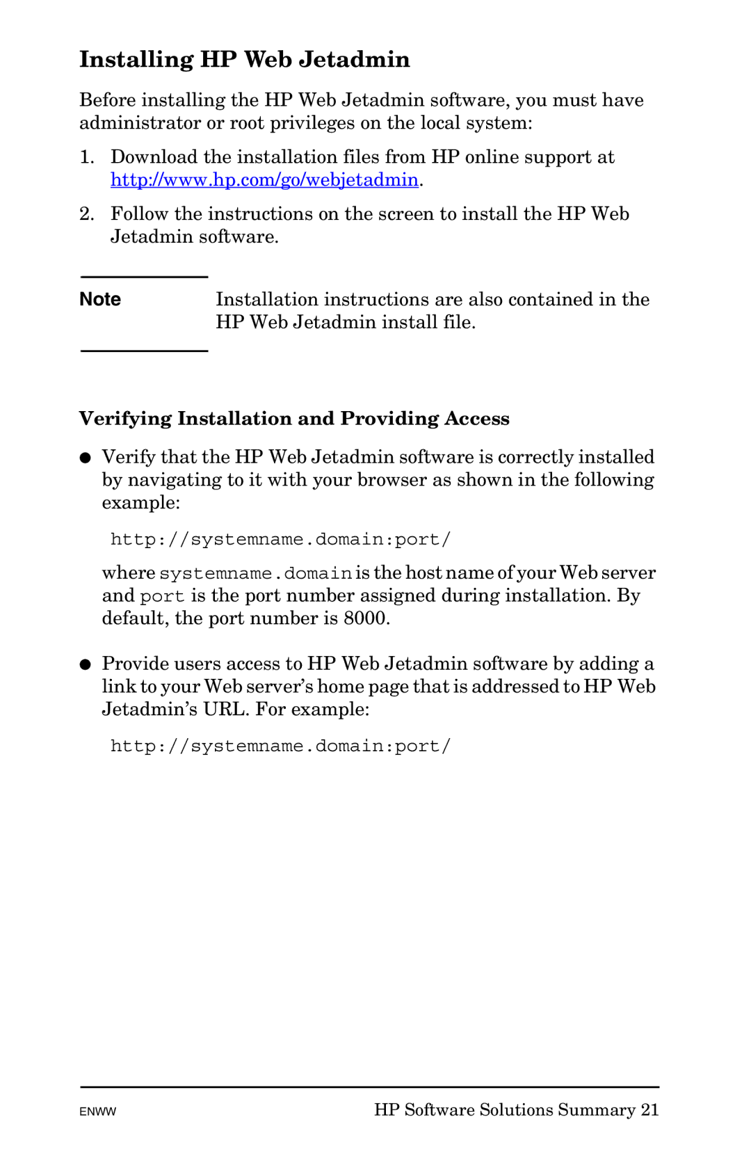 HP 625n Gigabit Ethernet Print Server manual Installing HP Web Jetadmin, Verifying Installation and Providing Access 