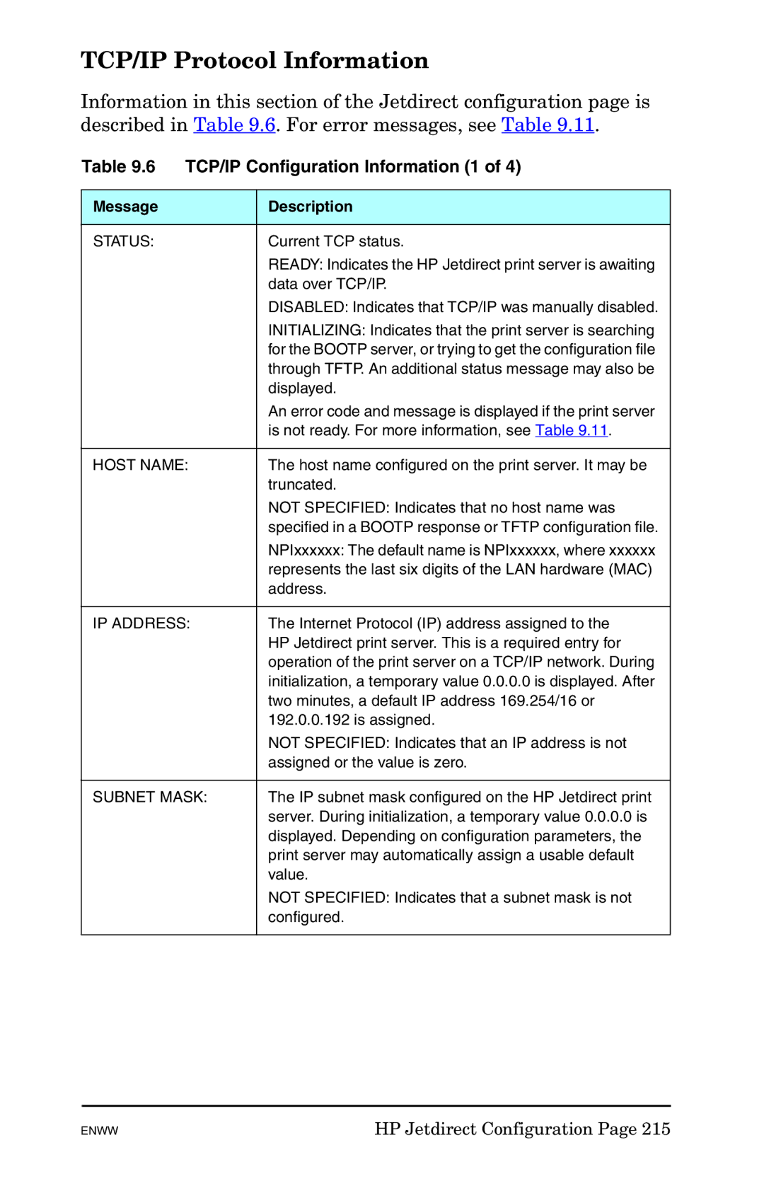 HP 625n Gigabit Ethernet Print Server manual TCP/IP Protocol Information, TCP/IP Configuration Information 1, Host Name 