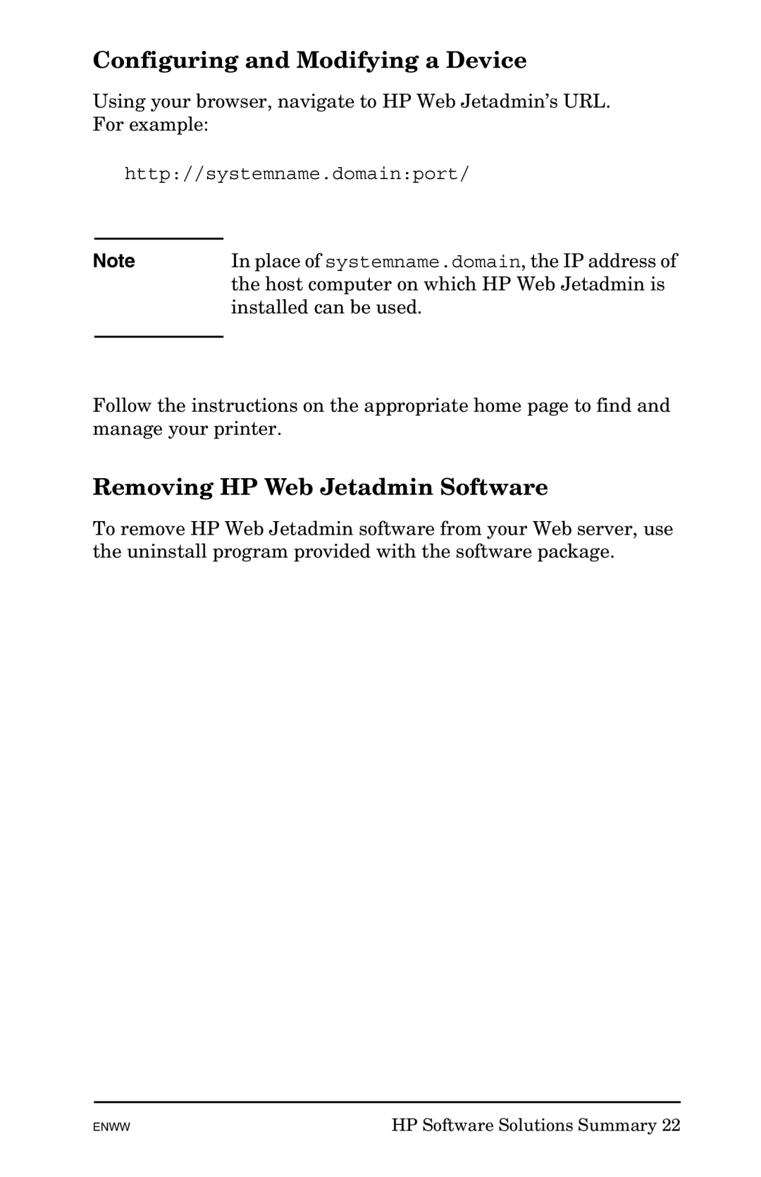 HP 625n Gigabit Ethernet Print Server manual Configuring and Modifying a Device, Removing HP Web Jetadmin Software 