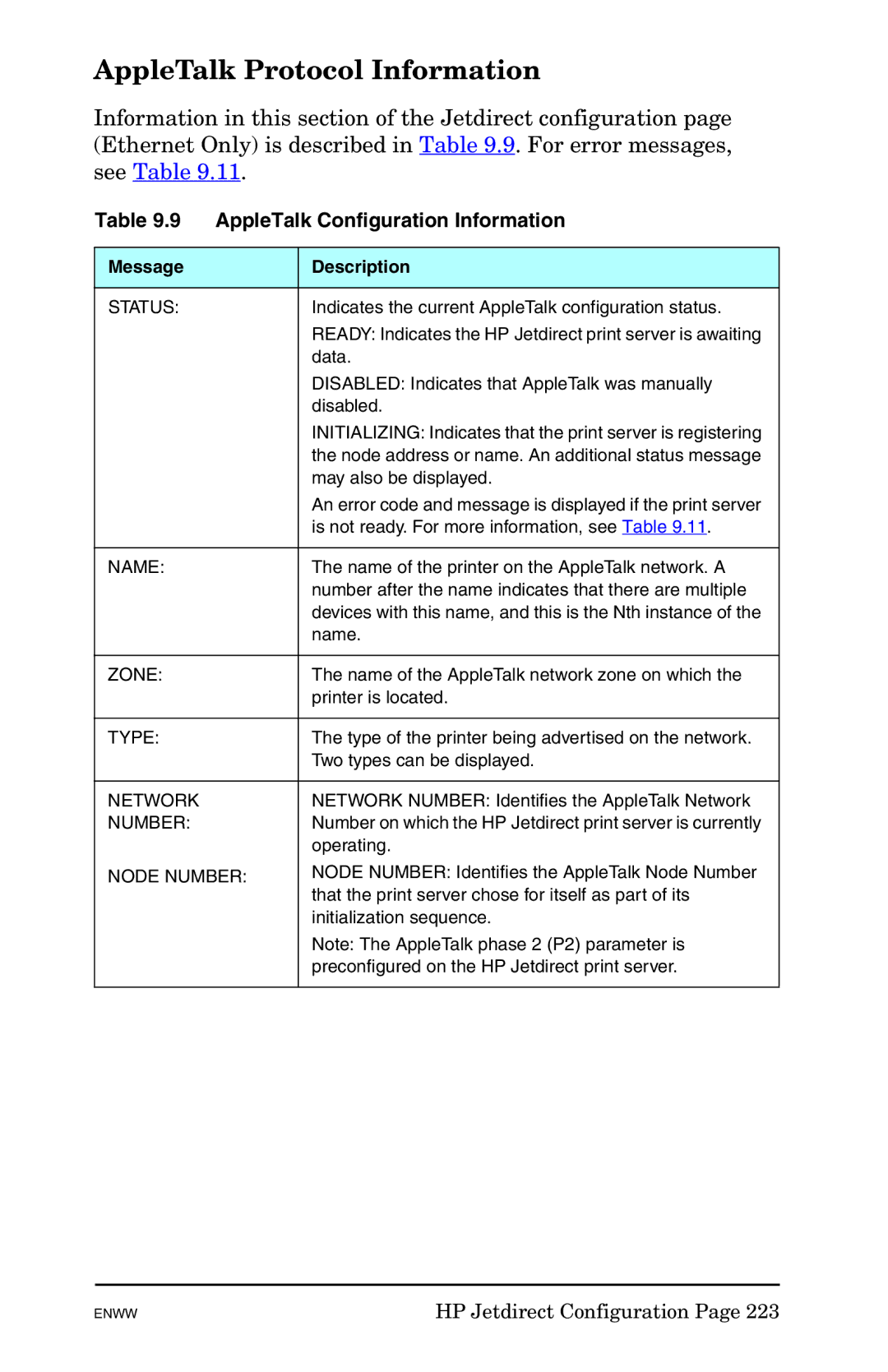 HP 625n Gigabit Ethernet Print Server manual AppleTalk Protocol Information, AppleTalk Configuration Information 