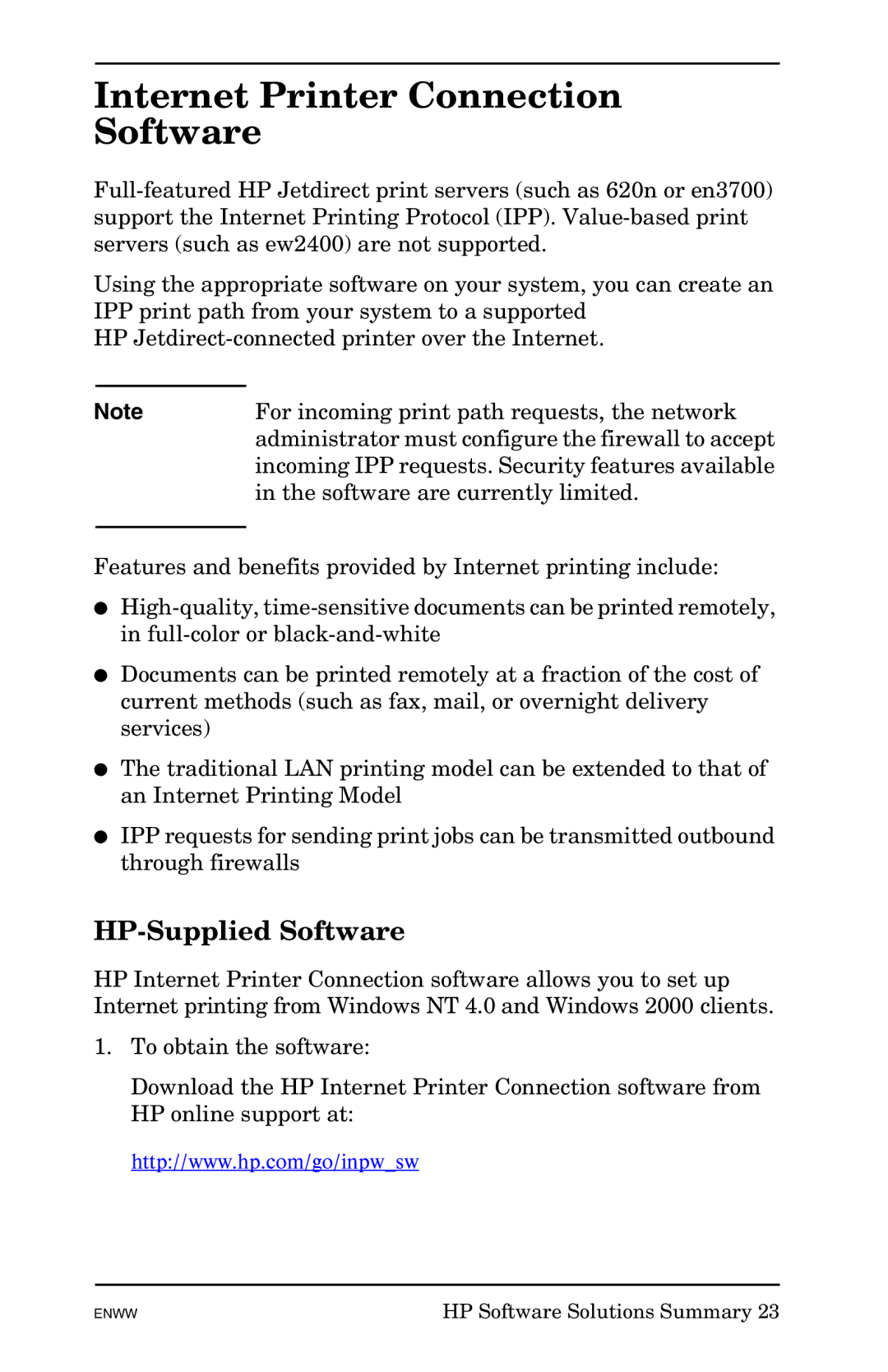 HP 625n Gigabit Ethernet Print Server manual Internet Printer Connection Software, HP-Supplied Software 