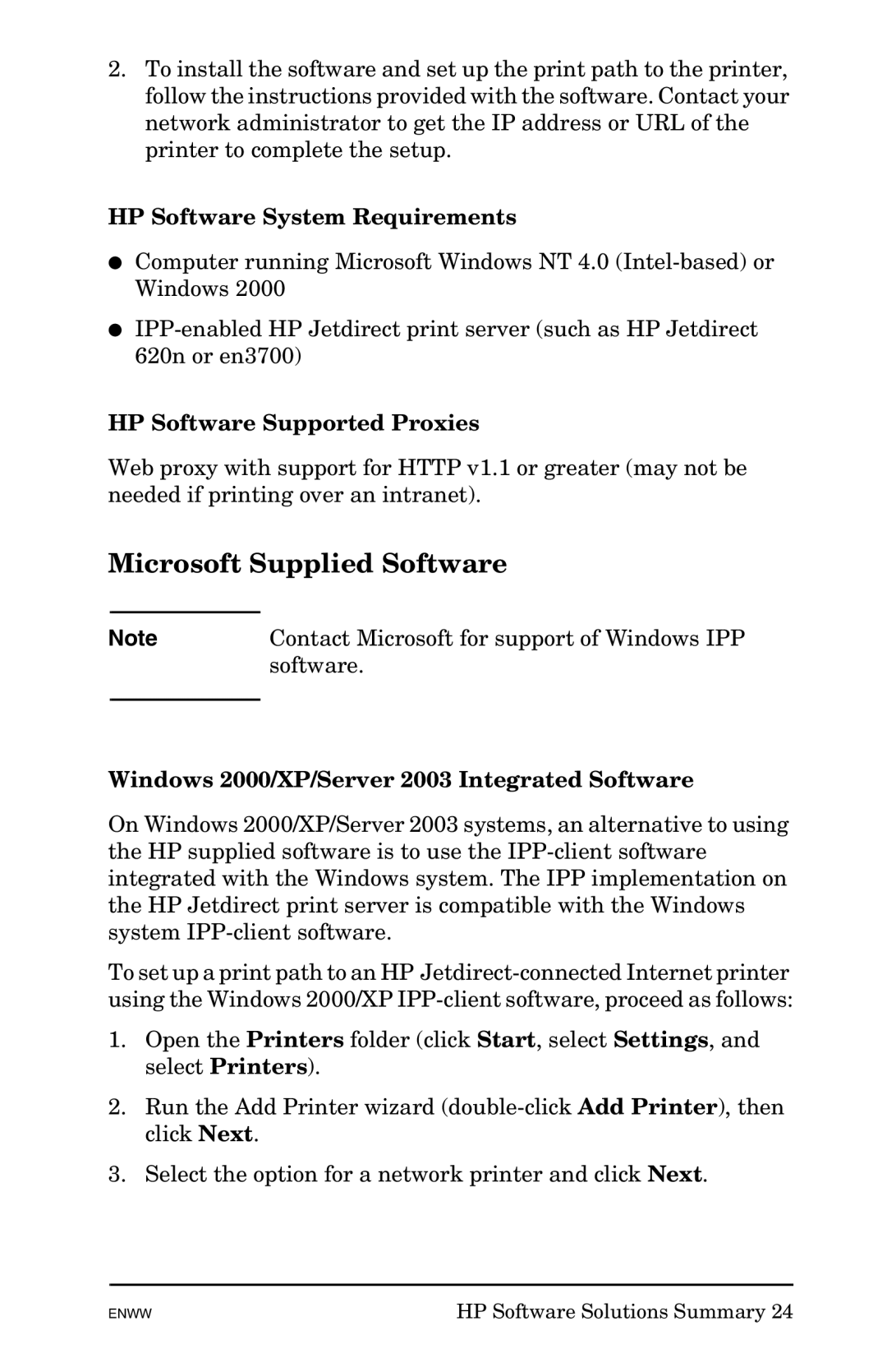 HP 625n Gigabit Ethernet Print Server manual Microsoft Supplied Software, HP Software System Requirements 