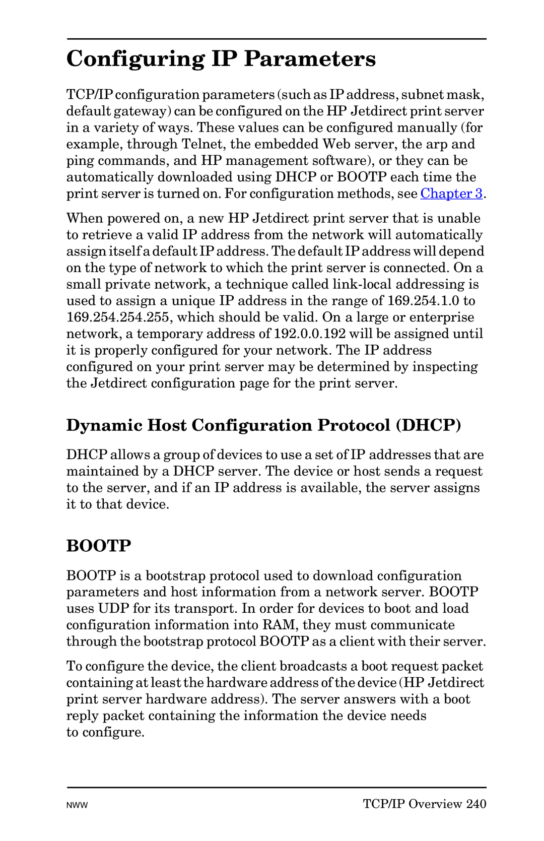 HP 625n Gigabit Ethernet Print Server manual Configuring IP Parameters, Dynamic Host Configuration Protocol Dhcp 