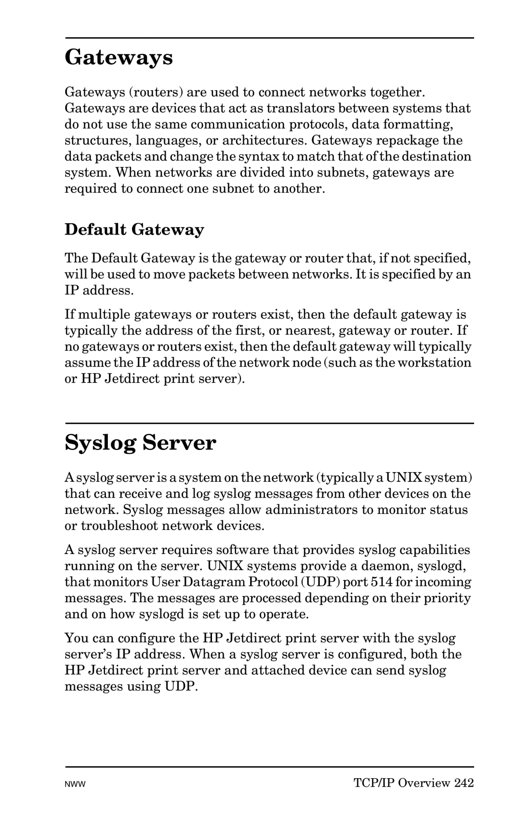 HP 625n Gigabit Ethernet Print Server manual Gateways, Syslog Server, Default Gateway 