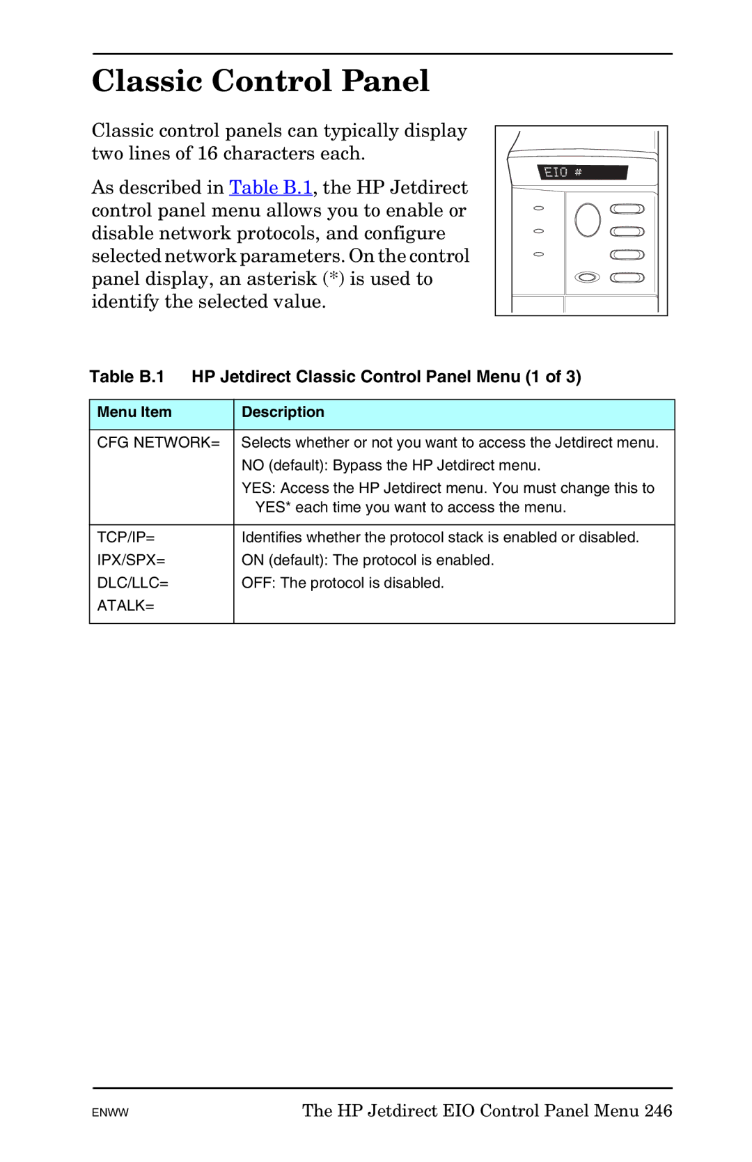 HP 625n Gigabit Ethernet Print Server manual Table B.1 HP Jetdirect Classic Control Panel Menu 1, Menu Item Description 