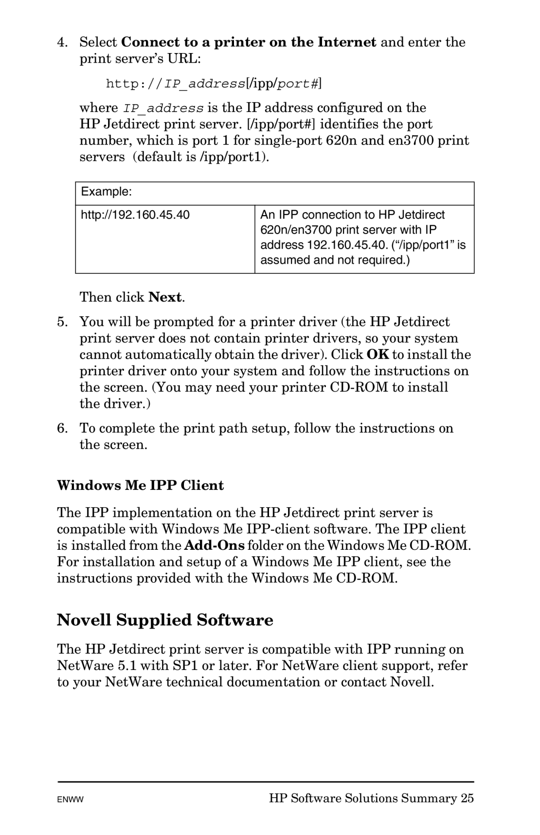 HP 625n Gigabit Ethernet Print Server manual Novell Supplied Software, Windows Me IPP Client 