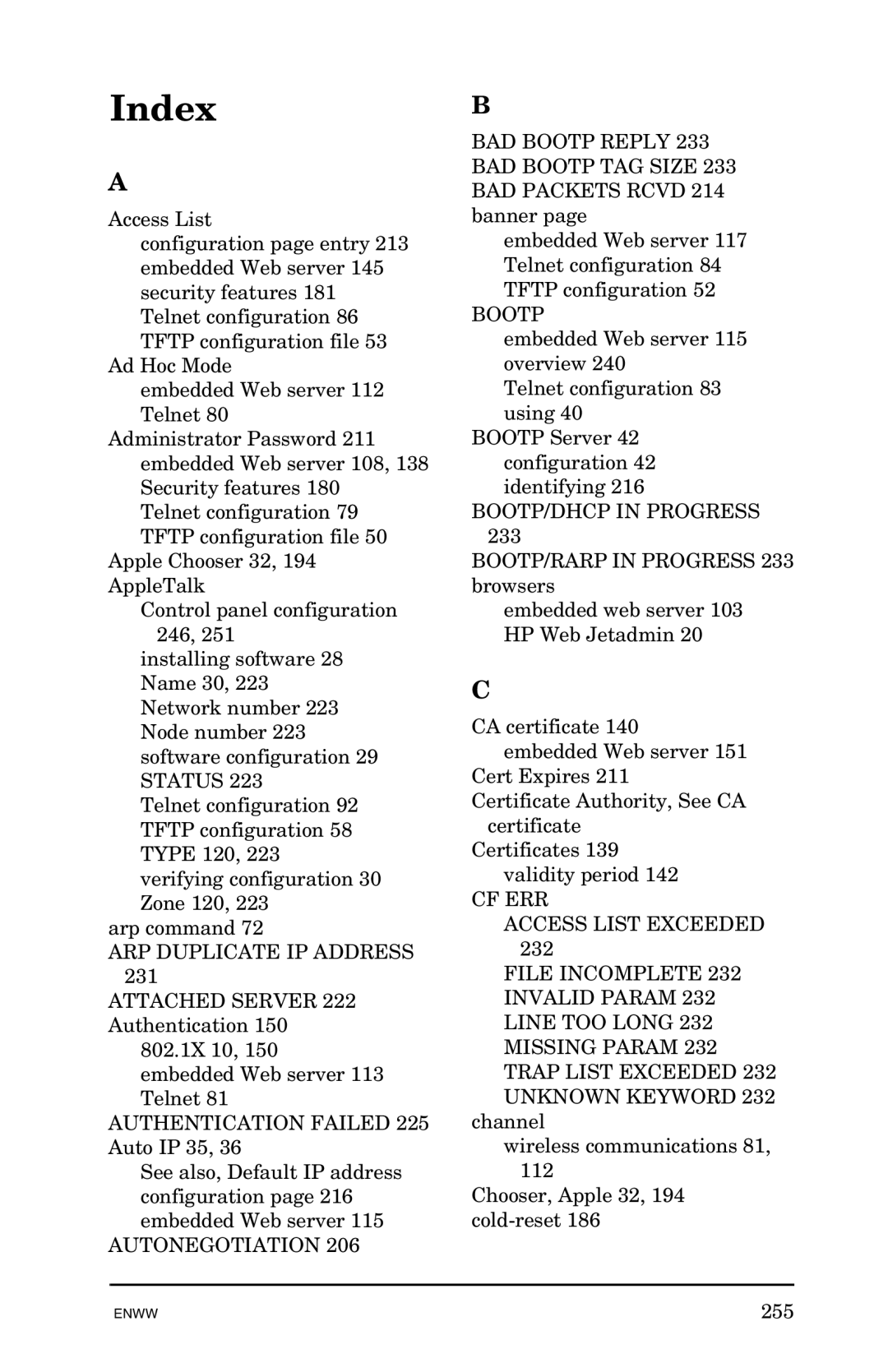 HP 625n Gigabit Ethernet Print Server manual Index, ARP Duplicate IP Address 