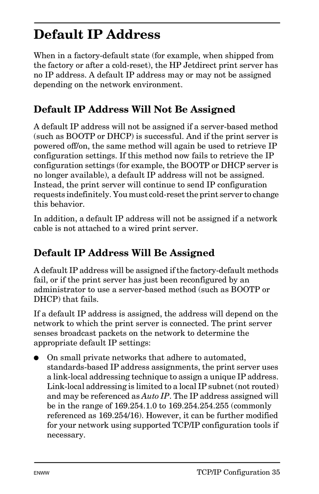 HP 625n Gigabit Ethernet Print Server Default IP Address Will Not Be Assigned, Default IP Address Will Be Assigned 