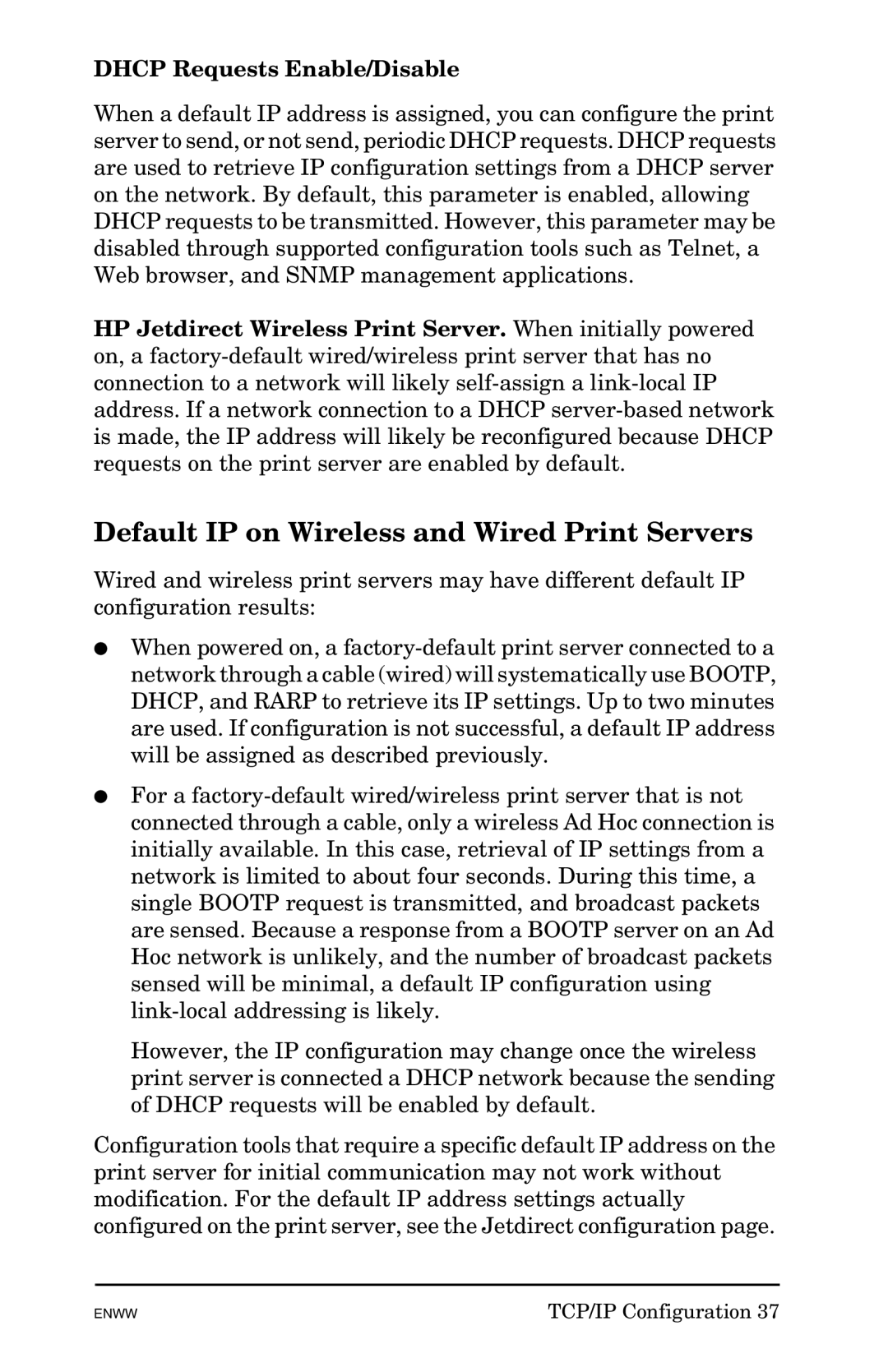 HP 625n Gigabit Ethernet Print Server manual Default IP on Wireless and Wired Print Servers, Dhcp Requests Enable/Disable 