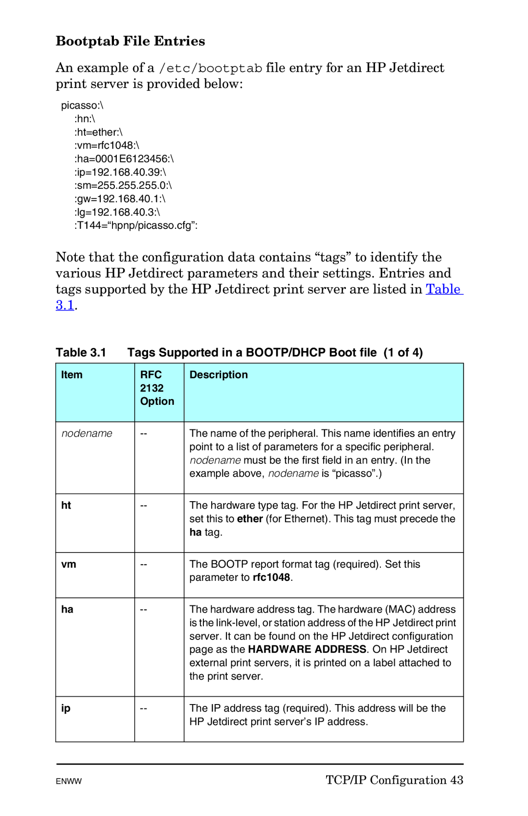 HP 625n Gigabit Ethernet Print Server manual Bootptab File Entries, Tags Supported in a BOOTP/DHCP Boot file 1 