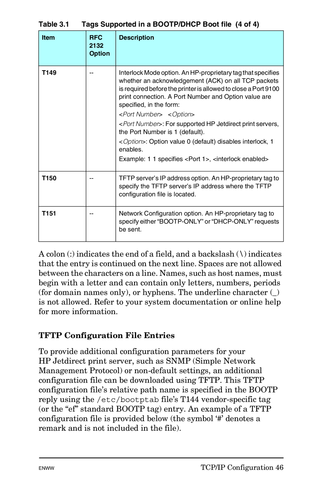 HP 625n Gigabit Ethernet Print Server Tftp Configuration File Entries, Tags Supported in a BOOTP/DHCP Boot file 4, T150 